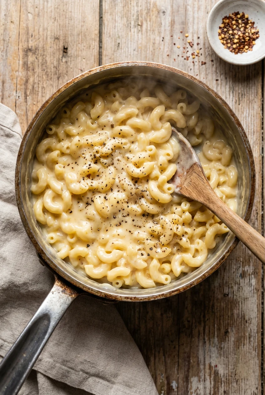 Overhead shot of a steaming saucepan filled with creamy cheese sauce coating tender elbow macaroni, flecks of black pepp