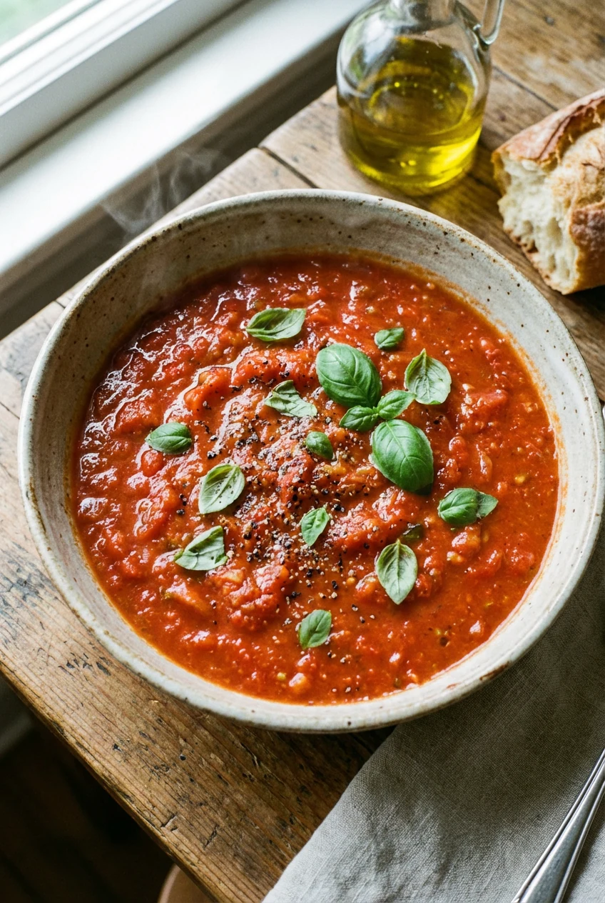 Overhead shot of freshly cooked tomato pasta sauce ladled into a rustic ceramic bowl, garnished with fresh basil leaves 