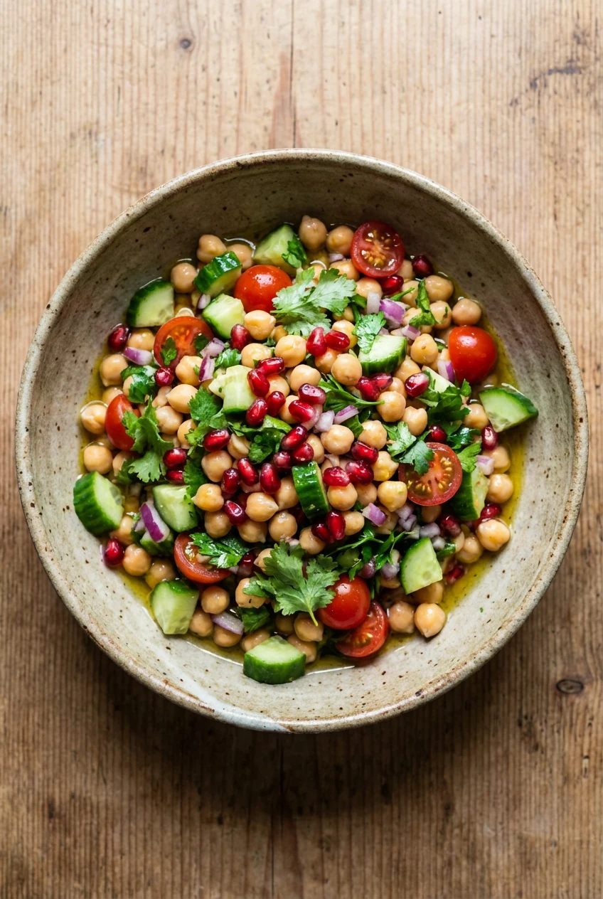 Overhead shot of a vibrant chickpea salad with olive oil, lemon juice, garlic, and coriander, garnished with pomegranate