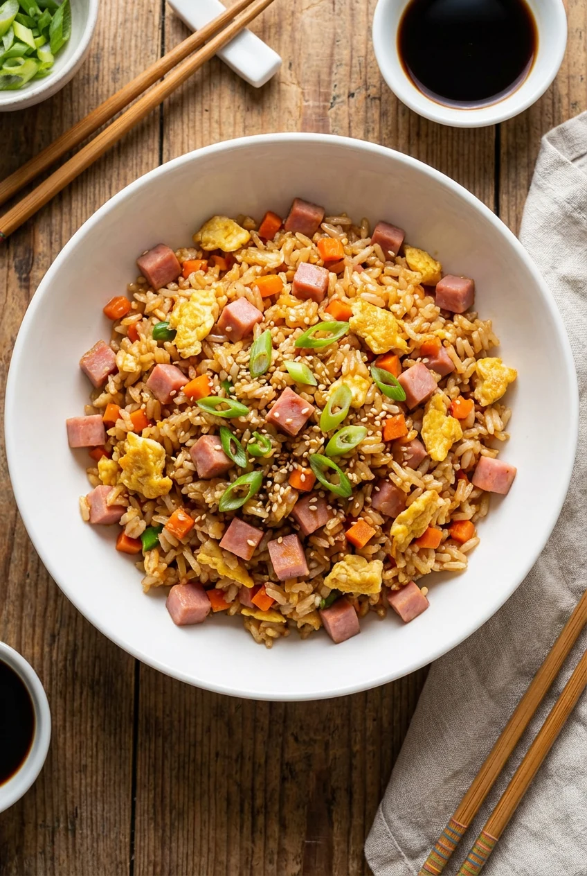 2. Overhead shot of a vibrant ham fried rice, with evenly diced pink ham, colorful carrot bits, scrambled egg, and gloss