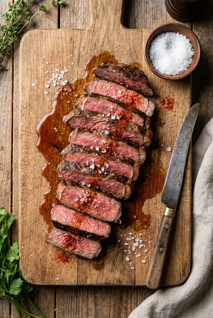 2. Overhead shot of medium-rare sliced sirloin on a wooden cutting board, juices pooling slightly, garnished with coarse