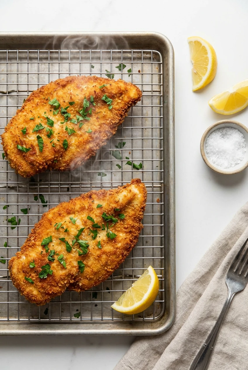Overhead shot of two perfectly cooked chicken cutlets on a wire rack, steam rising subtly, sprinkled with fresh parsley 