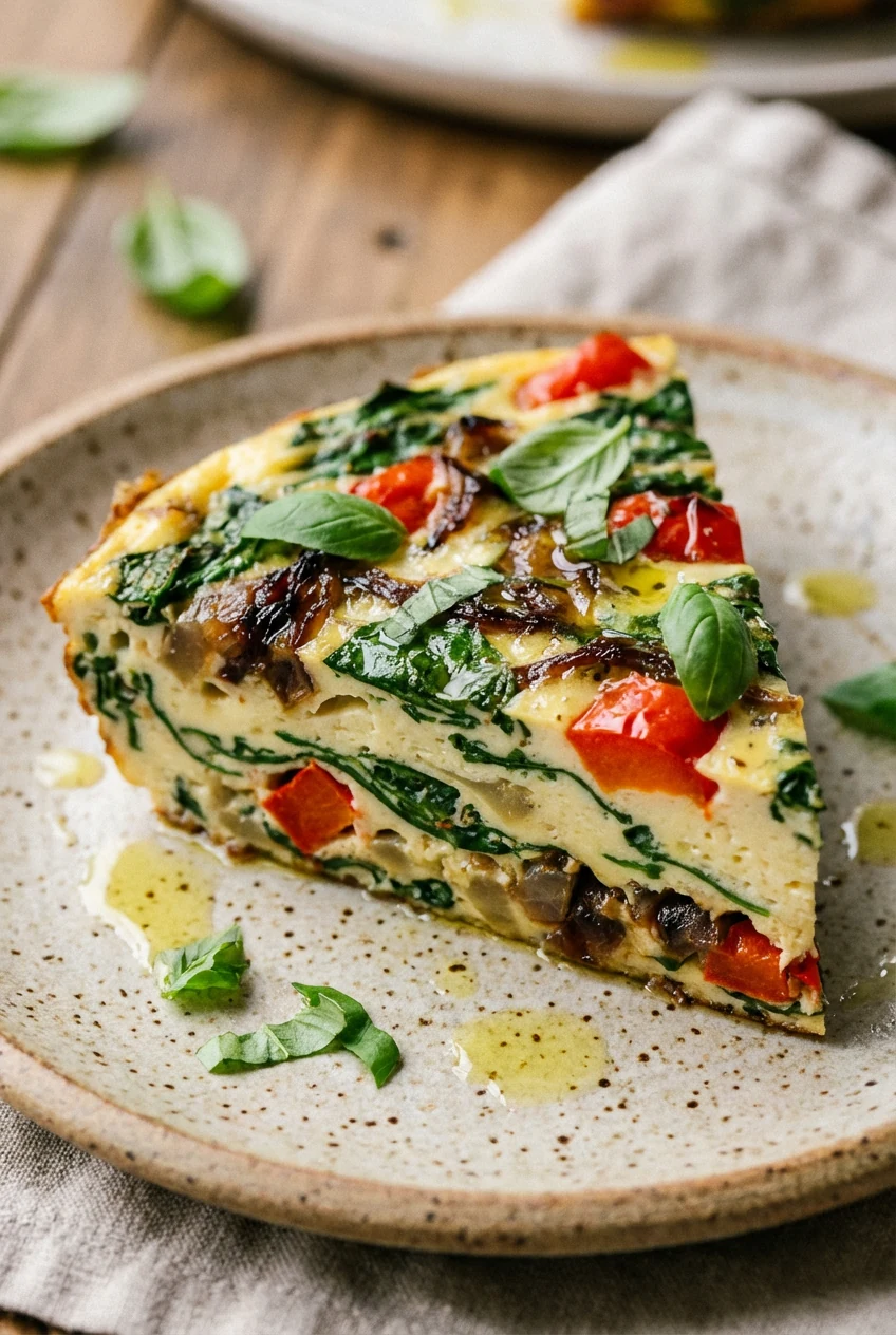 2. Close-up detail of a sliced wedge of frittata on a ceramic plate, creamy egg layers studded with sautéed spinach, vib