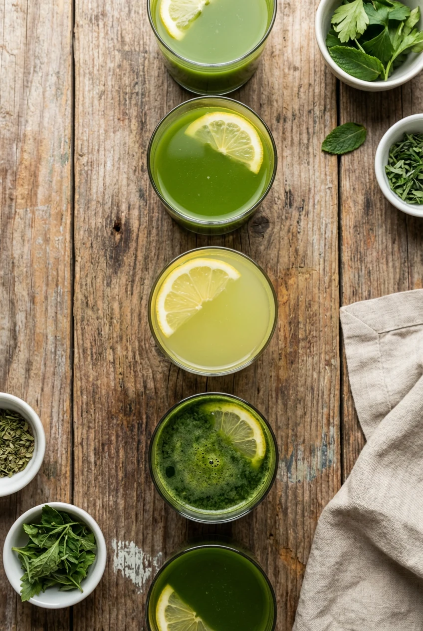 2. Overhead shot of a rustic wooden table featuring a row of green juice glasses in varying shades from bright lime to d