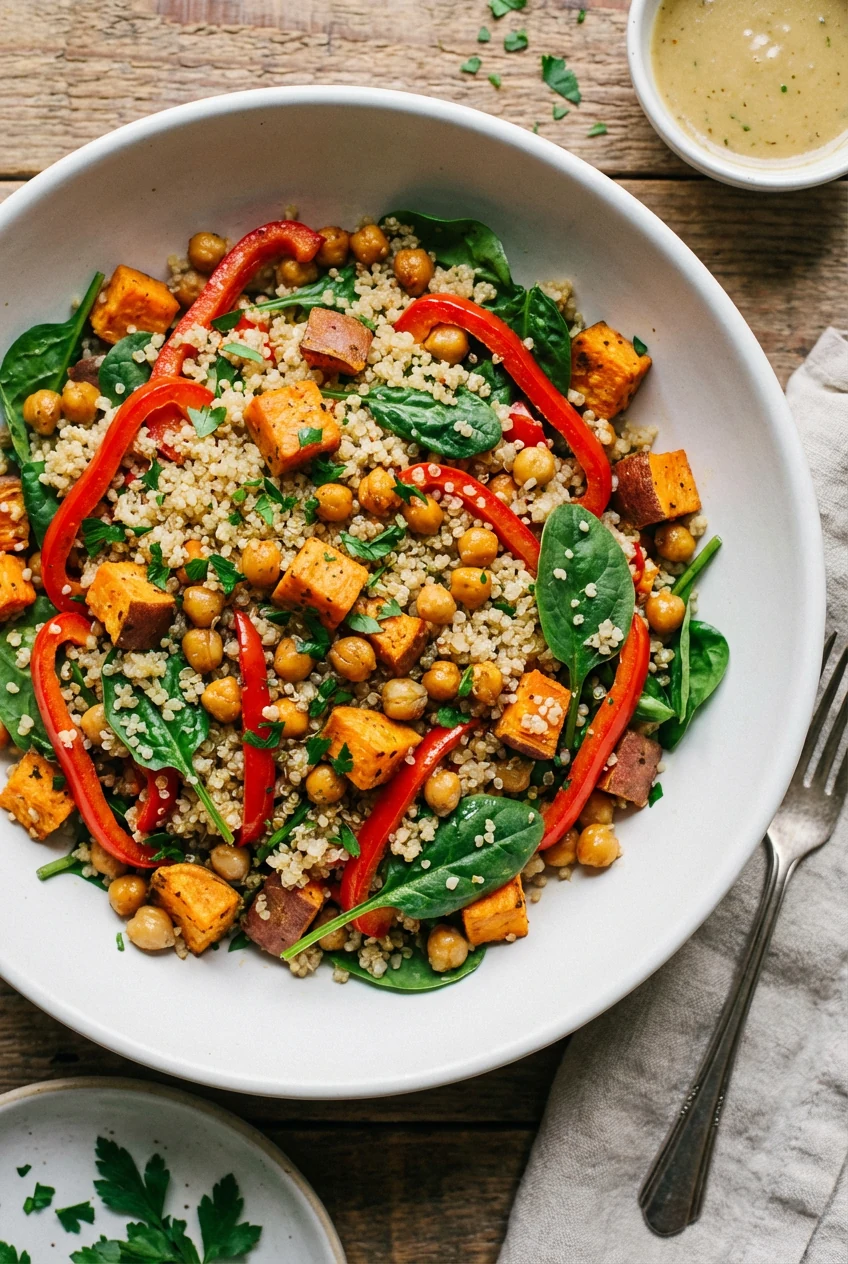 Overhead shot of the quinoa, roasted sweet potato, sautéed chickpeas, red bell pepper, and fresh spinach tossed together