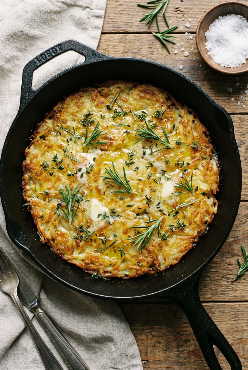 Overhead shot of a cast iron skillet holding evenly browned hashbrowns, glistening with butter and olive oil, sprinkled 