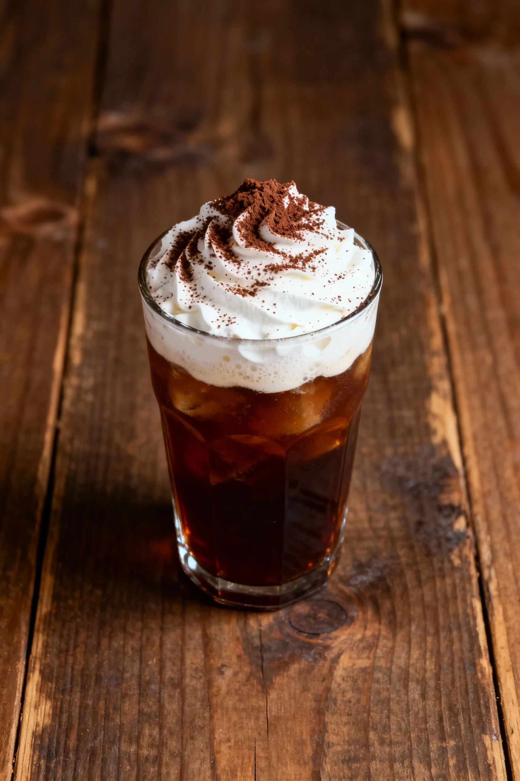 2. Overhead shot of a tall glass of cold brew layered with frothy whipped cream and a sprinkle of cocoa powder, elegant 