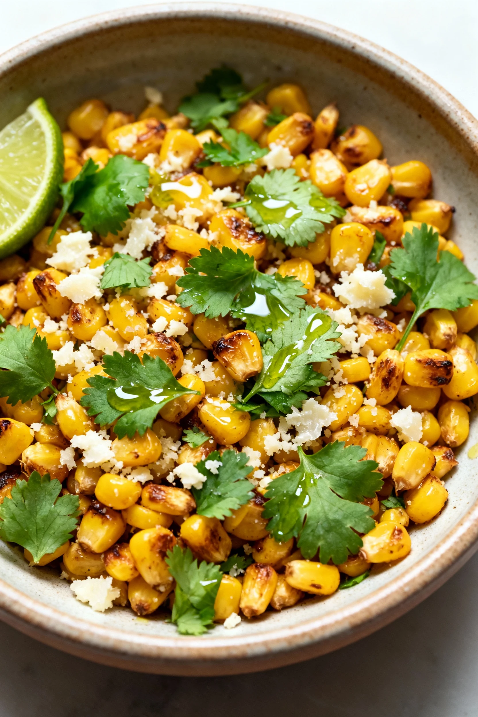 Overhead shot of roasted corn kernels tossed with chopped cilantro and crumbled Parmesan in a ceramic serving bowl, driz