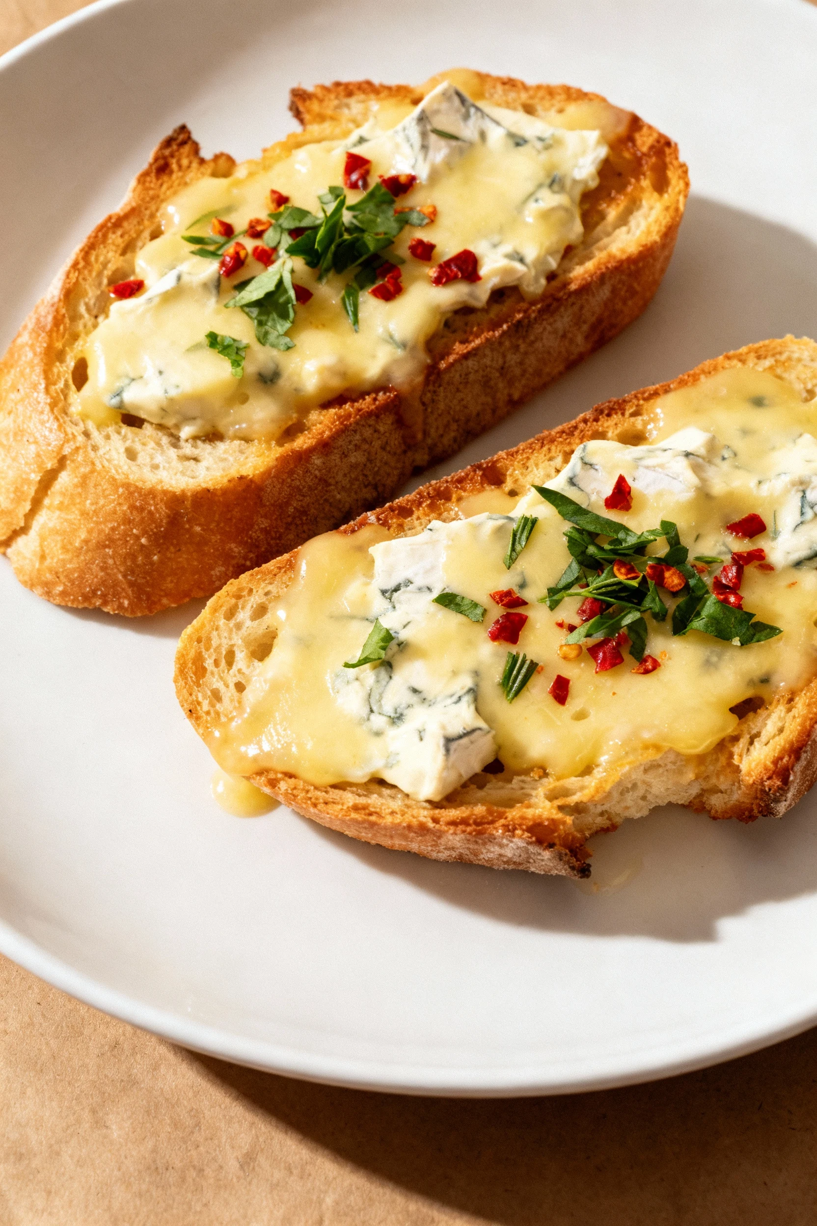 Overhead shot of golden toasted crusty bread slices generously topped with melted Boursin blend, sprinkled with fresh he