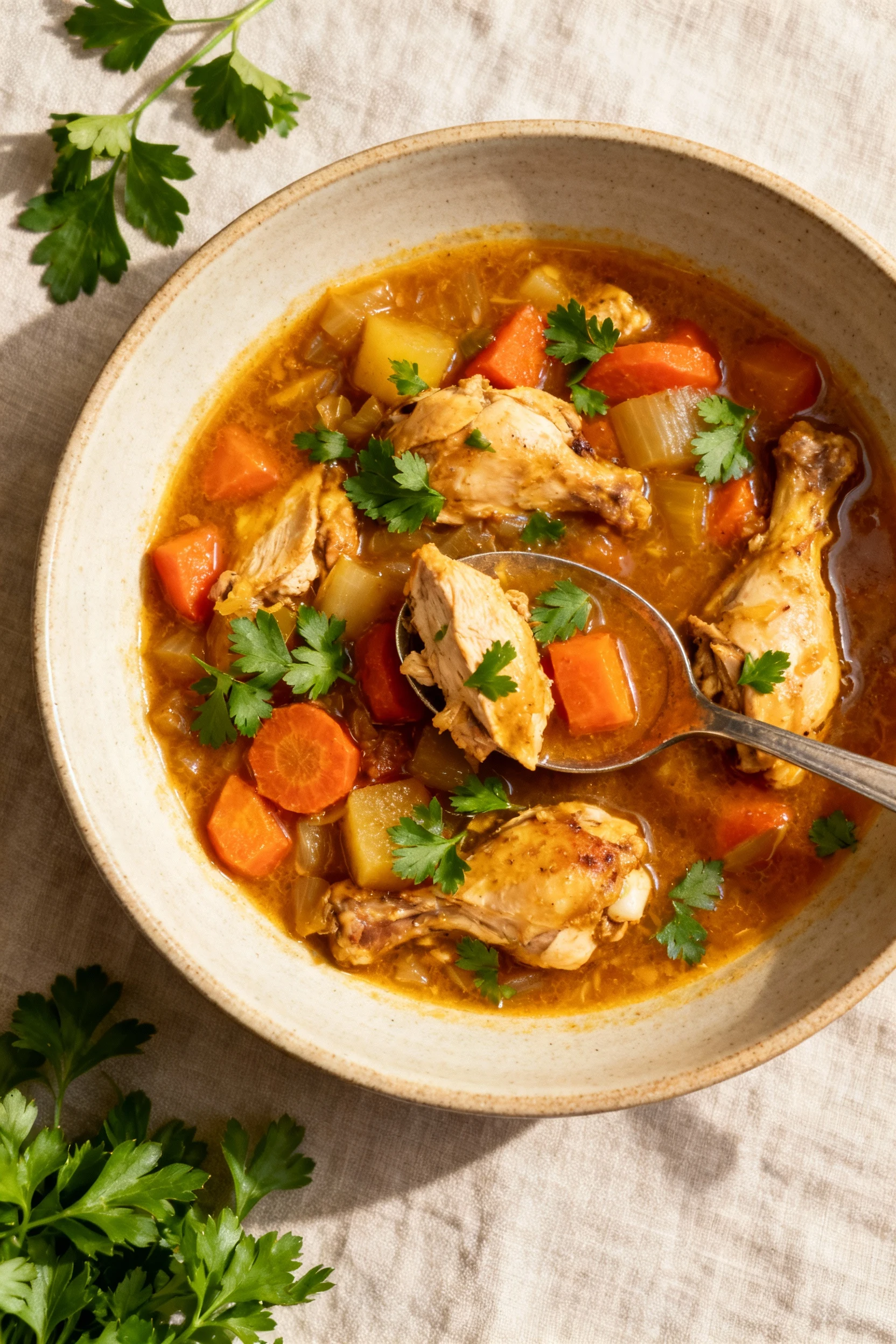 Overhead shot of hearty slow-cooked chicken and vegetable stew ladled into a wide ceramic bowl, garnished with fresh par