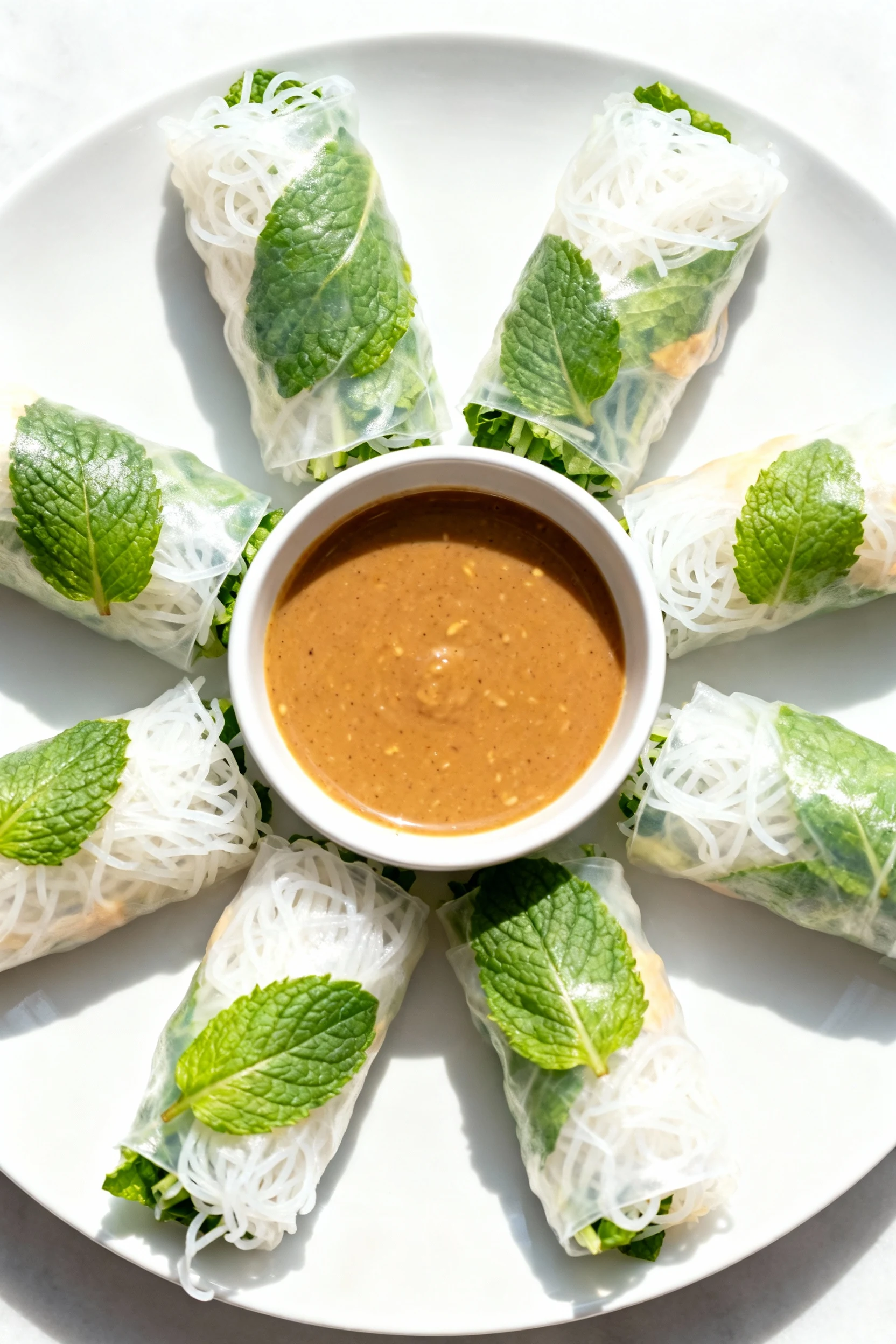 Overhead shot of fresh spring rolls tightly wrapped with vermicelli noodles, mint leaves peeking through translucent ric