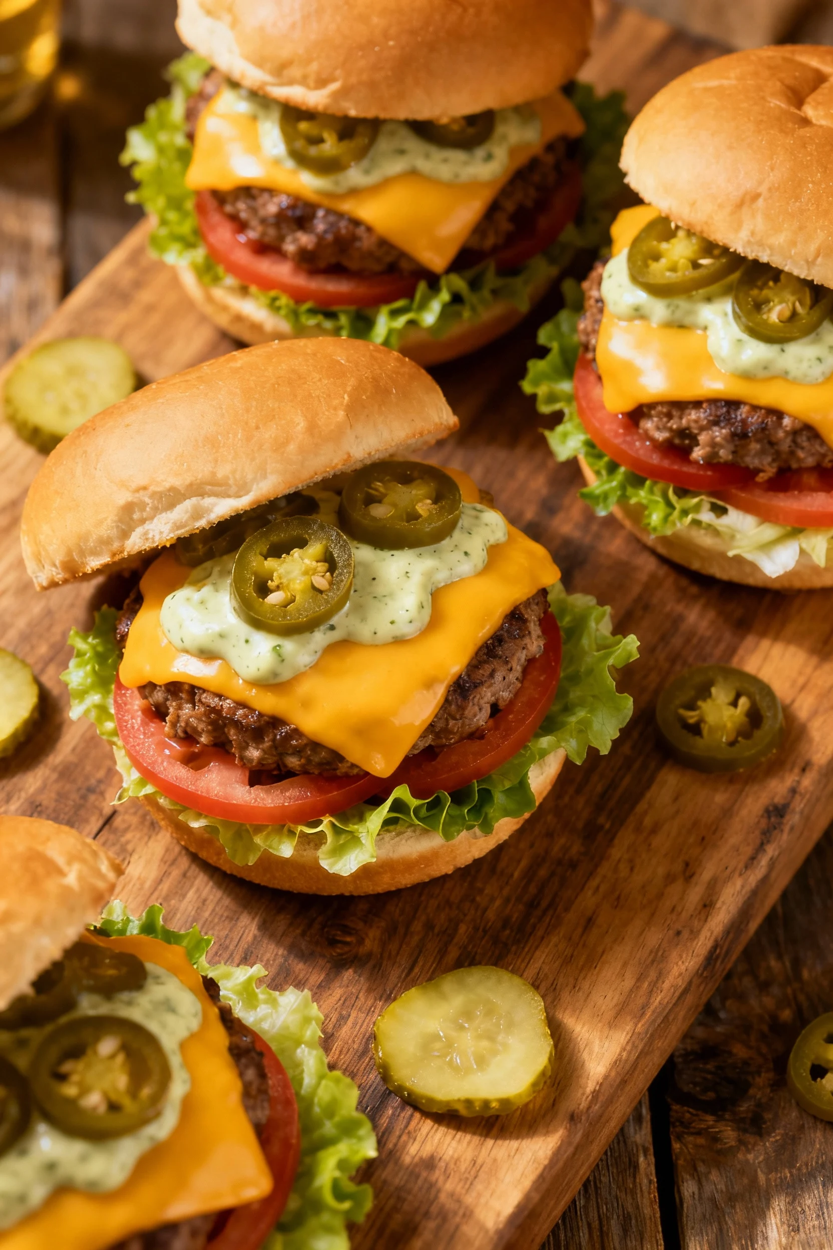Overhead shot of a platter of assorted sliders with melted cheddar, jalapeño aioli drizzle, crisp lettuce and thin tomat