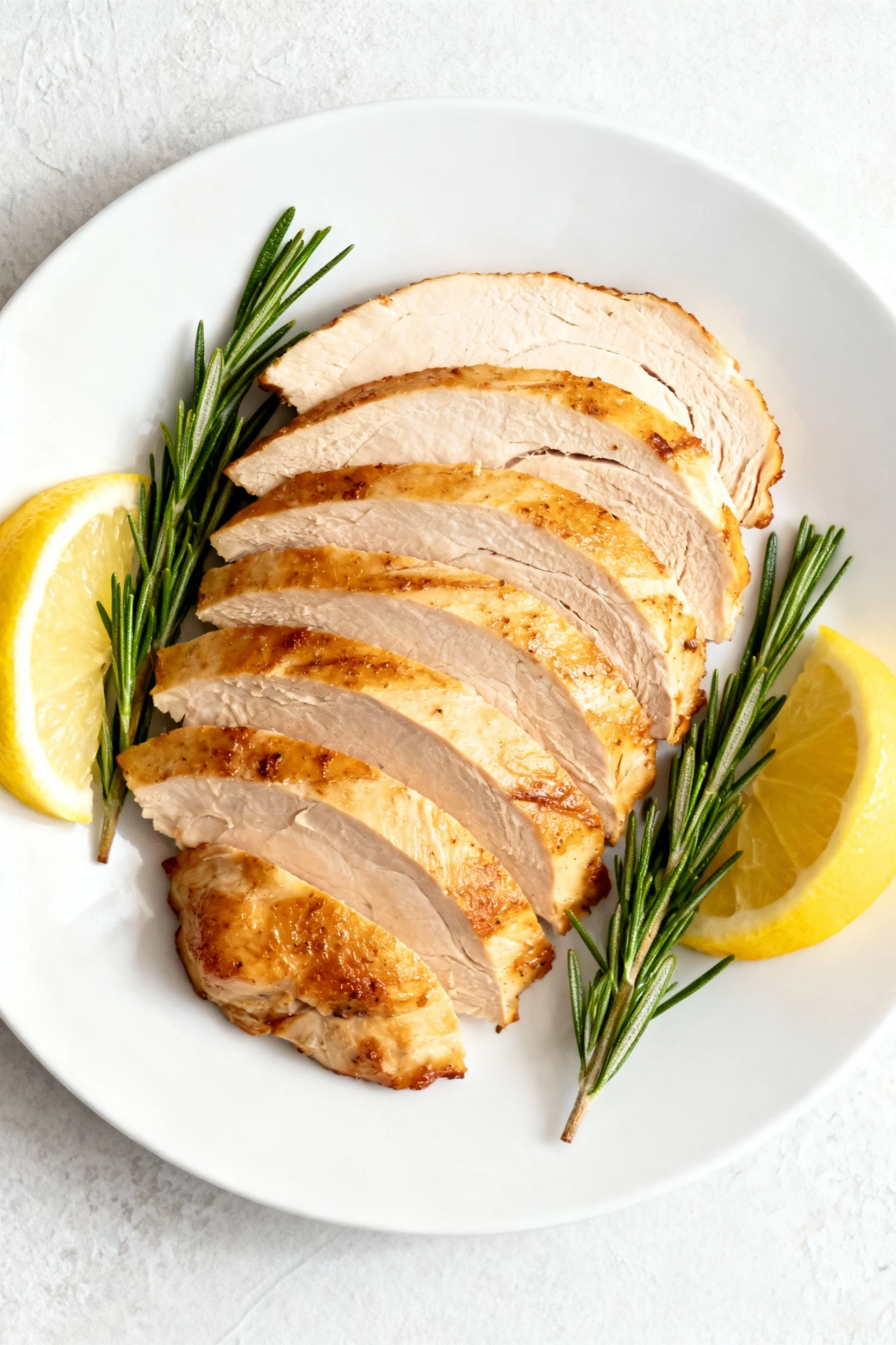 Overhead shot of sliced turkey breast arranged in a fan pattern on a white platter, garnished with fresh rosemary sprigs