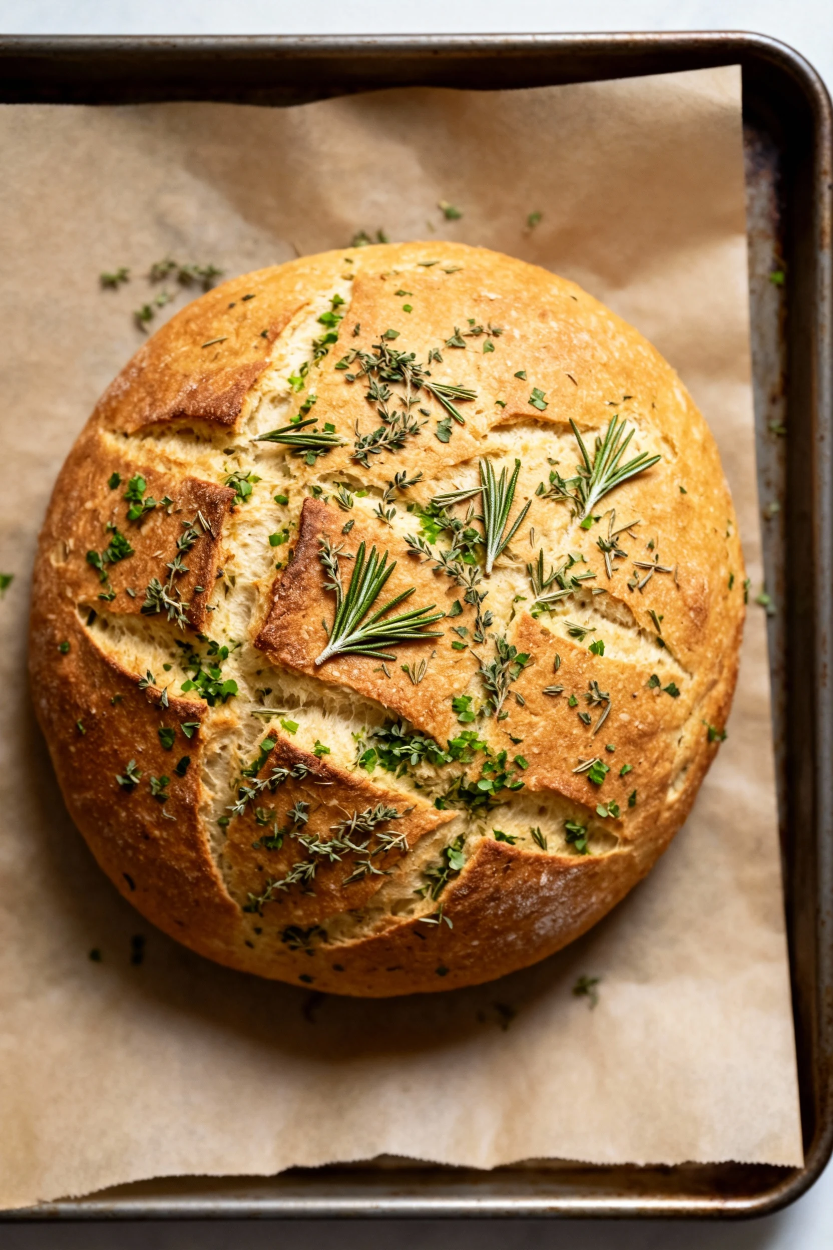 2. Overhead shot of round herb loaf sprinkled with dried rosemary and thyme, resting on parchment-lined baking tray stra