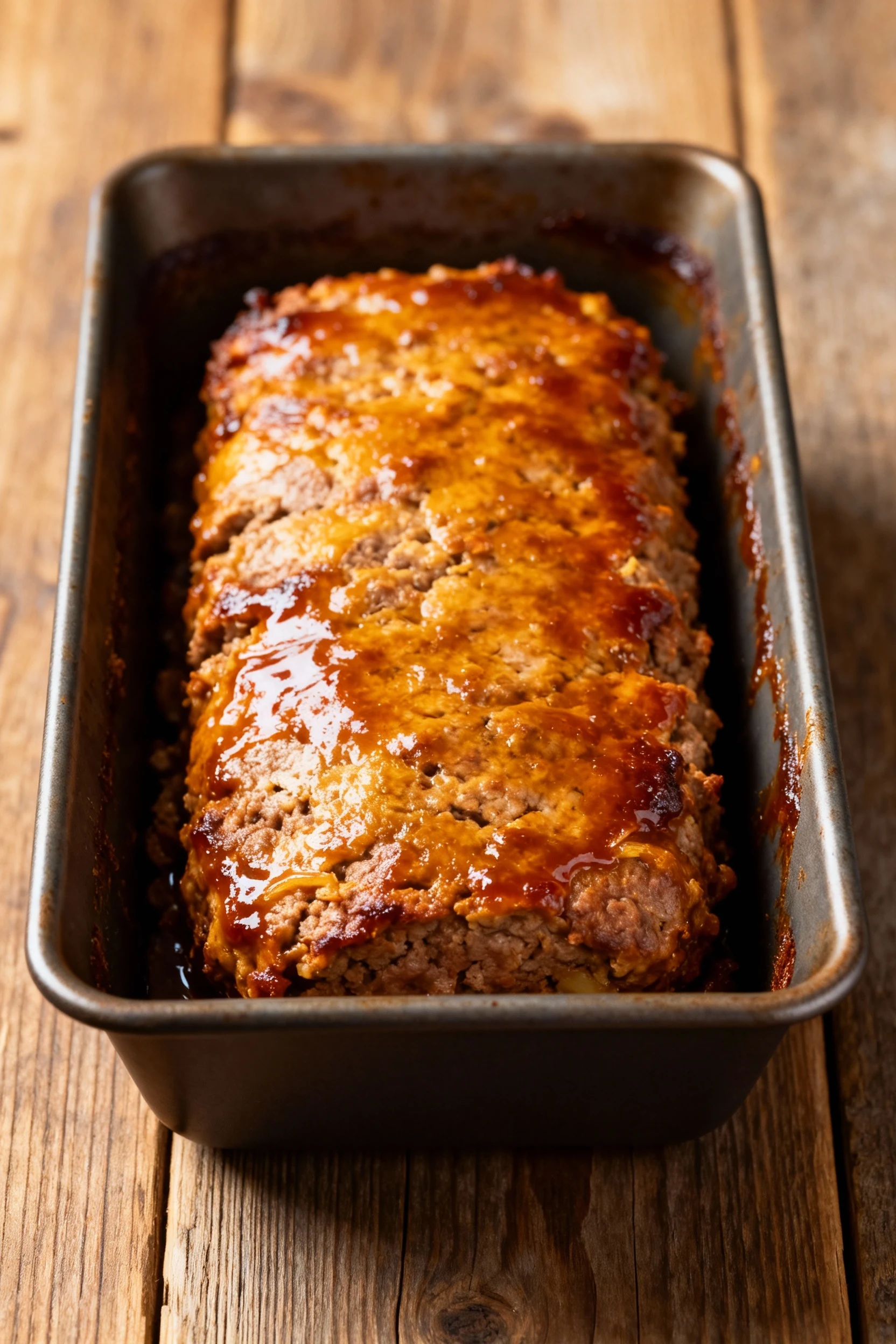 Overhead shot of a golden-brown meatloaf resting in a loaf pan straight from the oven, with caramelized edges and a glos