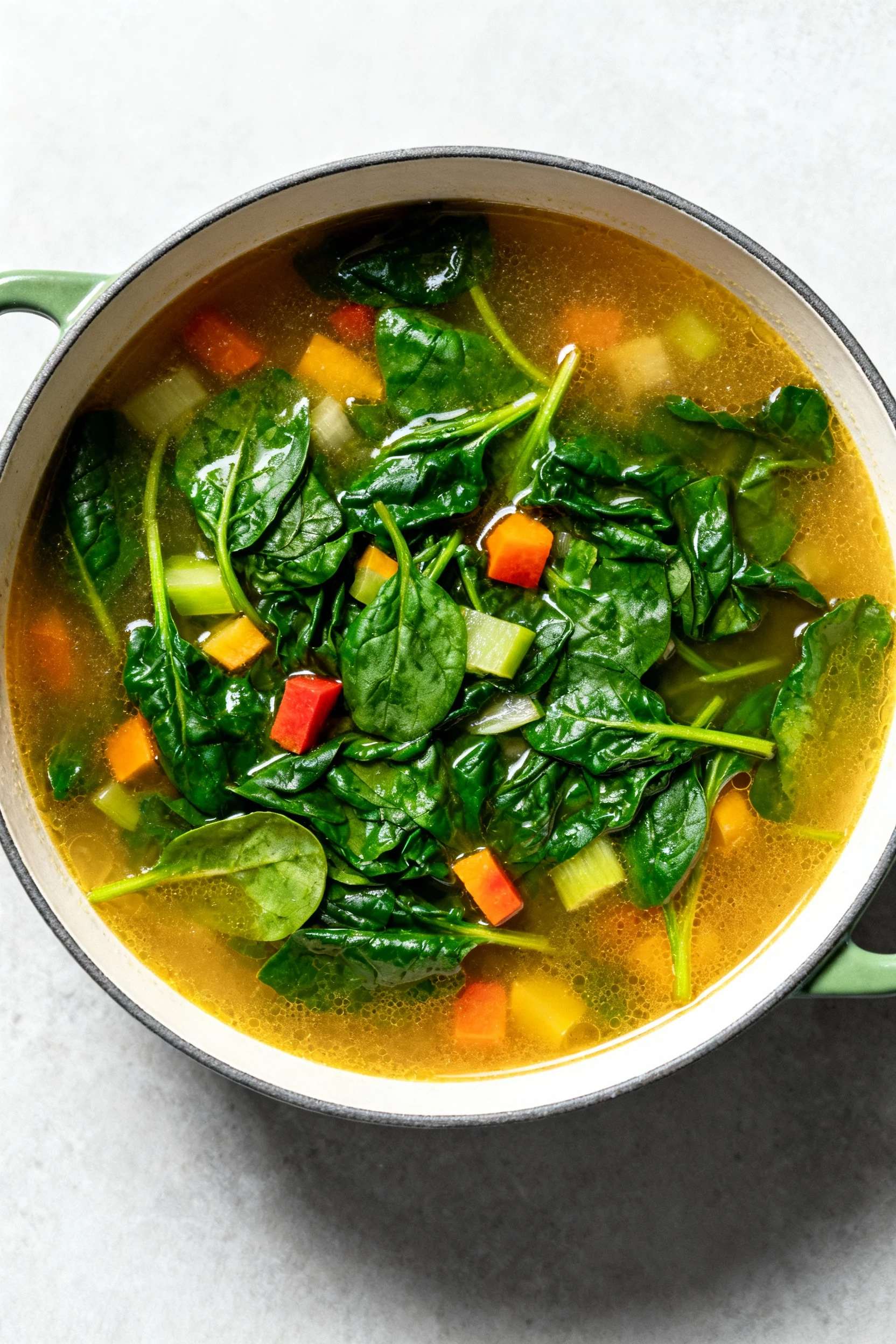 2. Overhead shot of vibrant spinach just wilted in the soup, bright greens mingling with golden broth and colorful veget