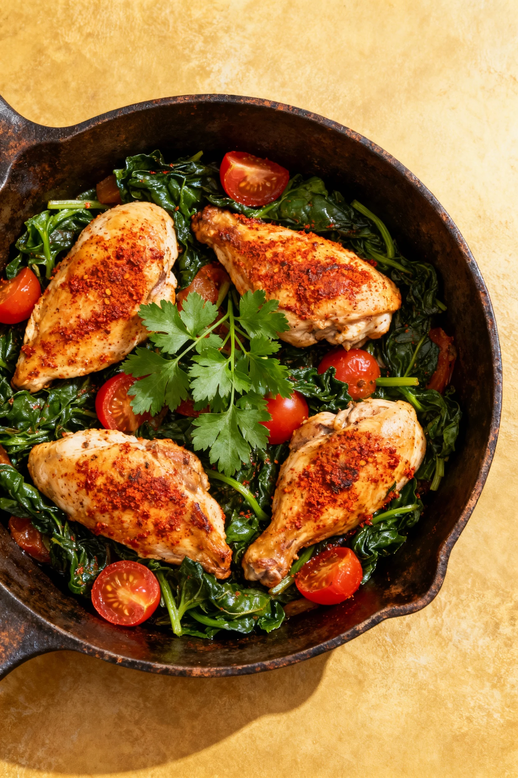 Overhead shot of the finished chicken, spinach, and vegetable skillet, paprika-speckled chicken pieces surrounded by wil
