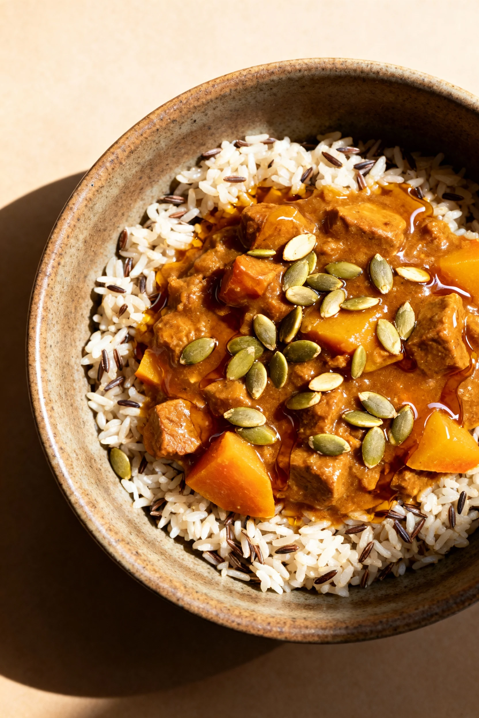 2. Overhead shot of a deep, ceramic bowl filled with hearty fall stew served over fluffy wild rice, drizzled with maple 