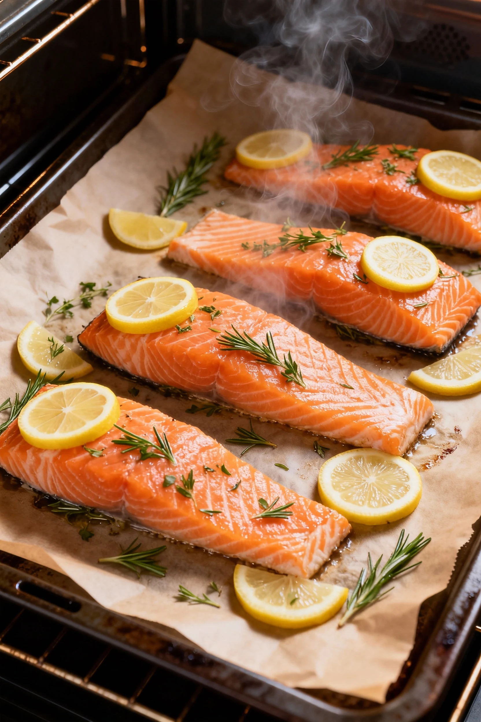Overhead shot of four salmon fillets fresh from the oven on parchment-lined baking sheet, garnished with lemon rounds an
