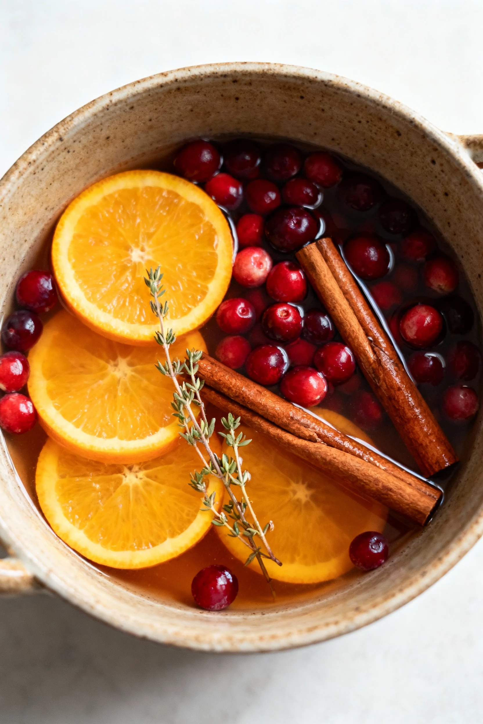 Overhead shot of the finished simmer pot blend presented in a rustic ceramic bowl, showing vibrant orange slices, crimso