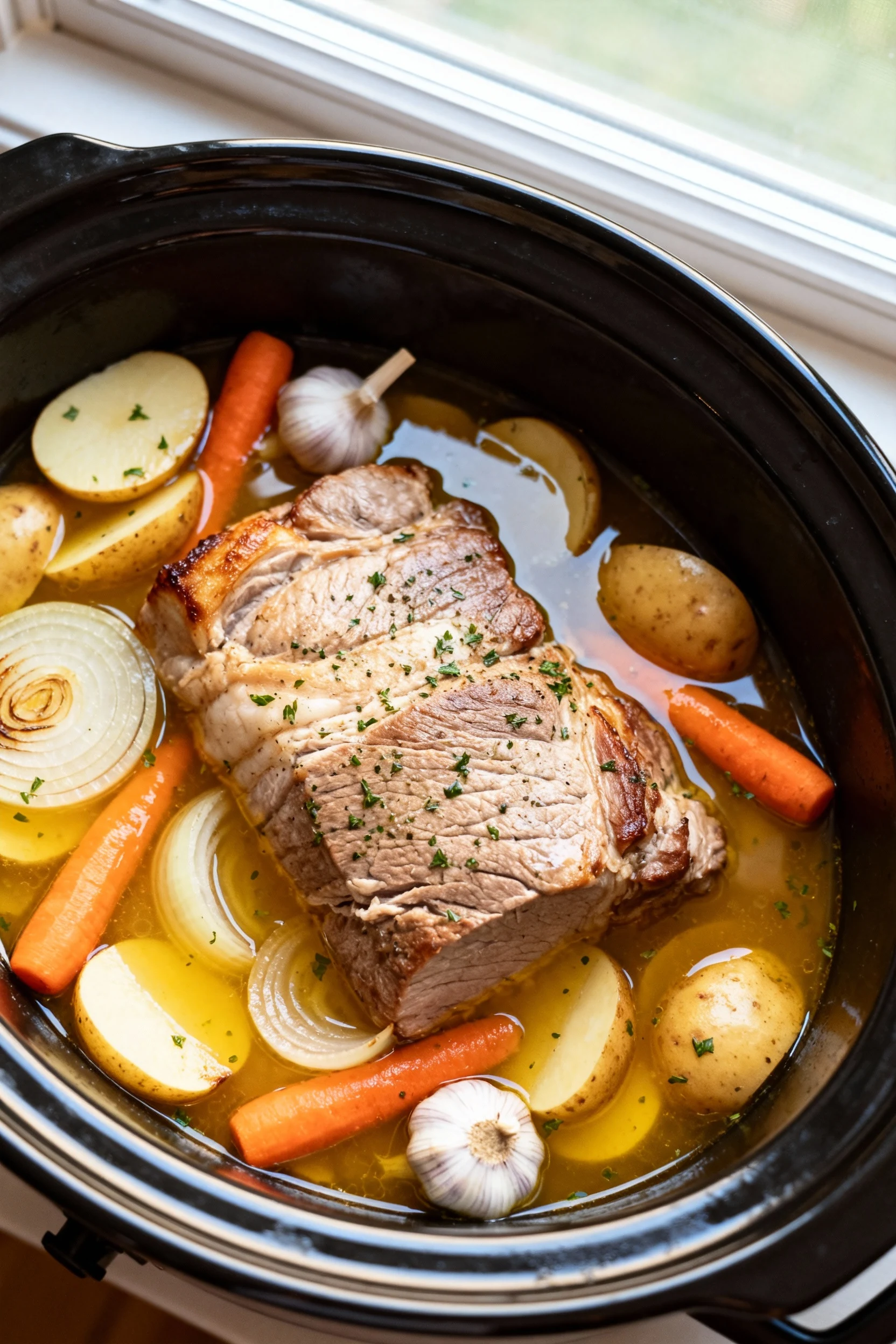 Overhead shot of slow-cooked pork roast nestled with tender onions, garlic, carrots, and potatoes in a crock pot, bathed