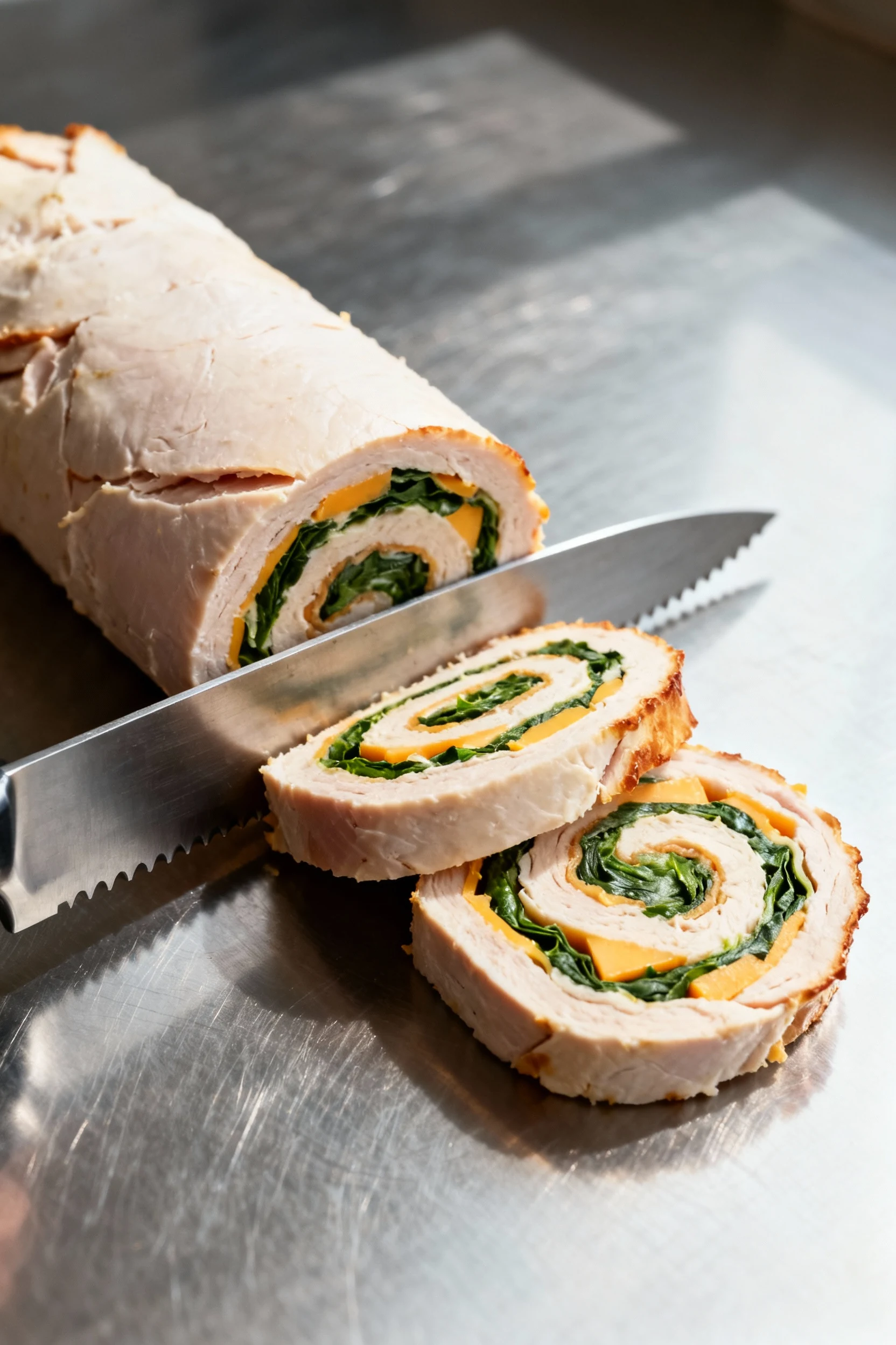 Cooking process: chilled turkey, cheddar, and spinach pinwheel log being sliced into 1-inch rounds with an extra-sharp s