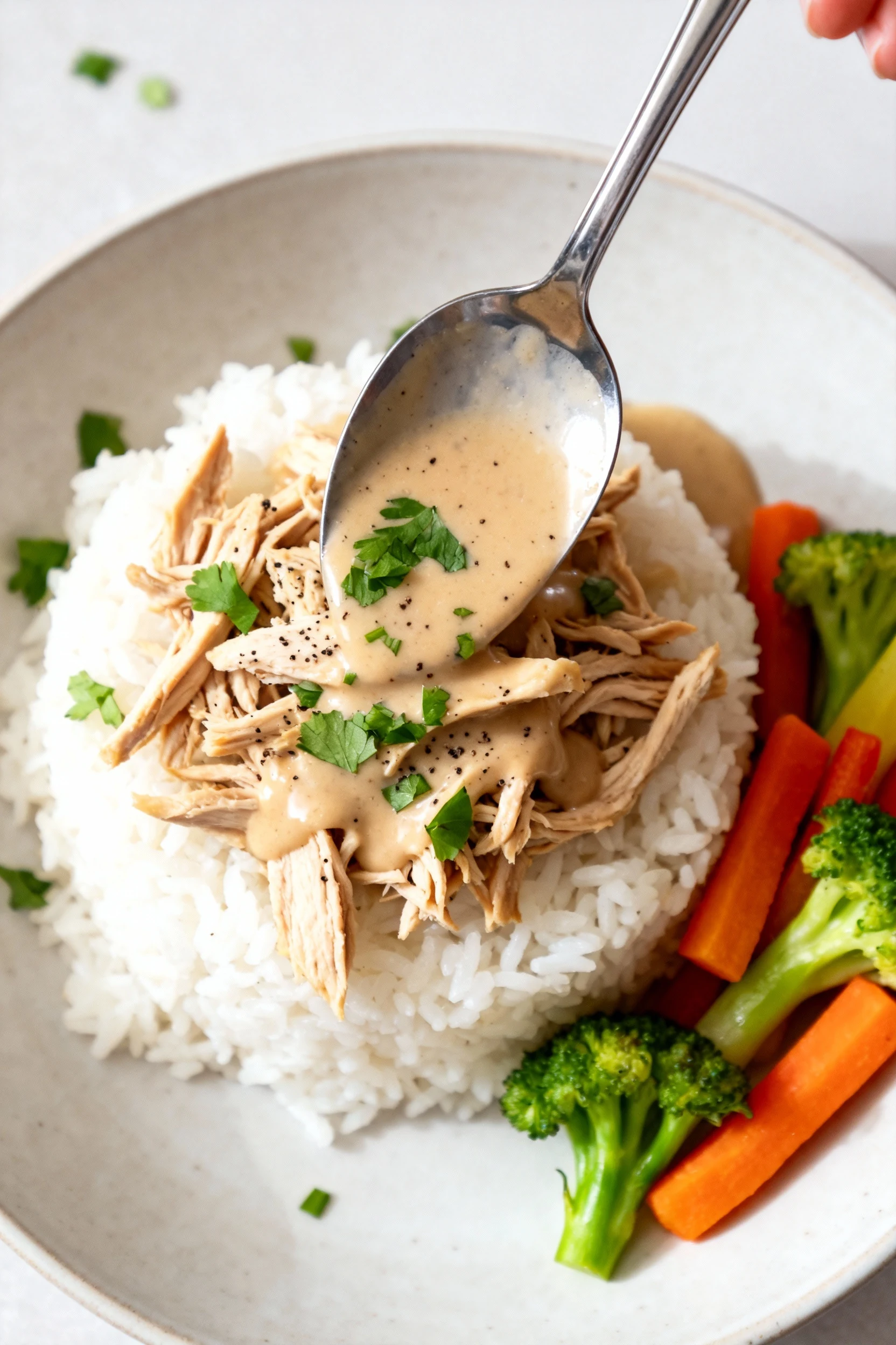 Overhead shot of shredded slow-cooker chicken spooned over fluffy white rice, drizzled with lightly thickened pan sauce,