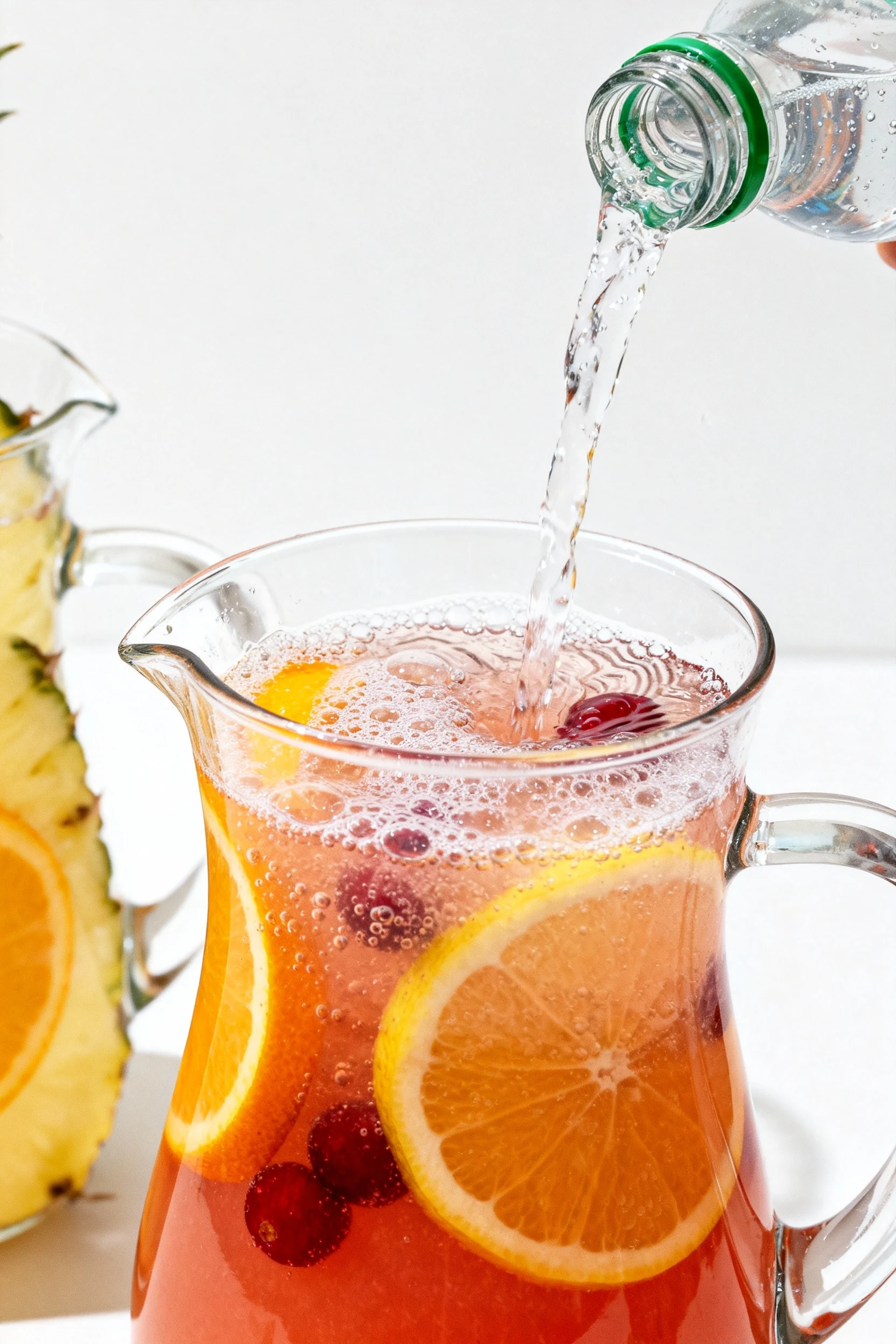 Process action shot: chilled ginger ale and sparkling water streaming into the mixed juice base (pineapple, orange, cran