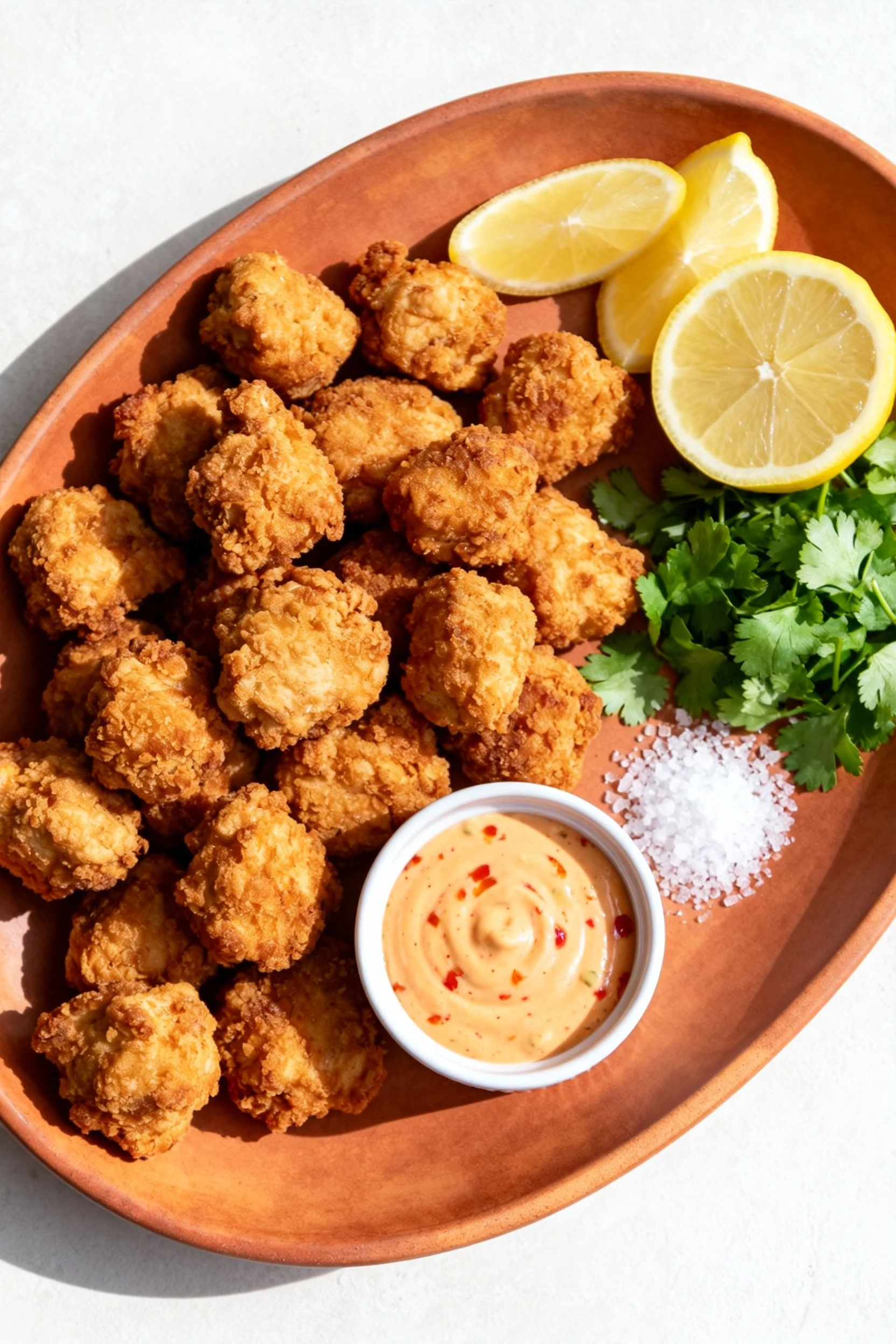 2. Overhead shot of crispy chicken bites piled on a warm platter with lemon wedges, chopped cilantro/parsley, a pinch of