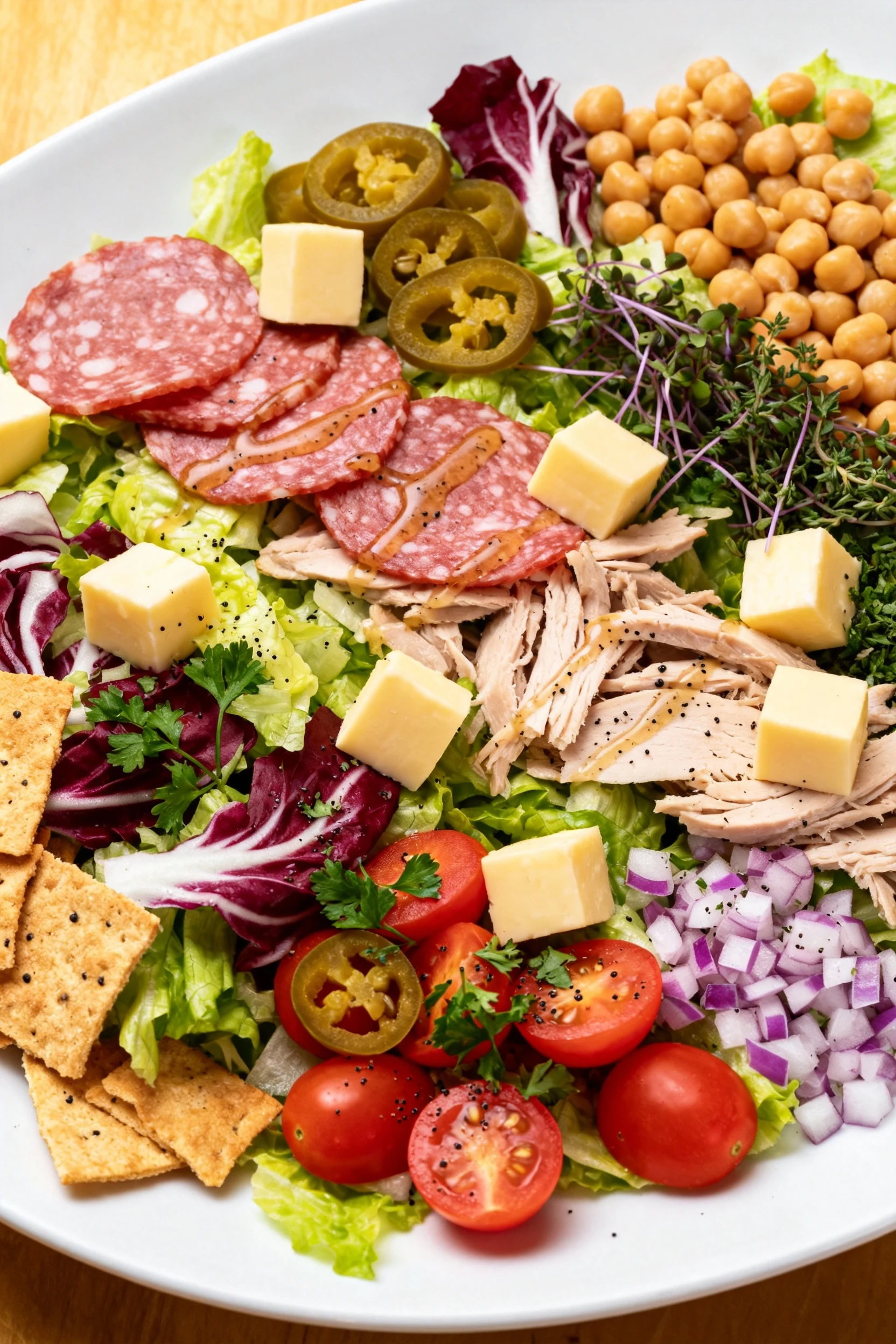 Final dish: Italian Deli Chopped salad beautifully plated on a wide white platter—romaine + radicchio, salami and turkey