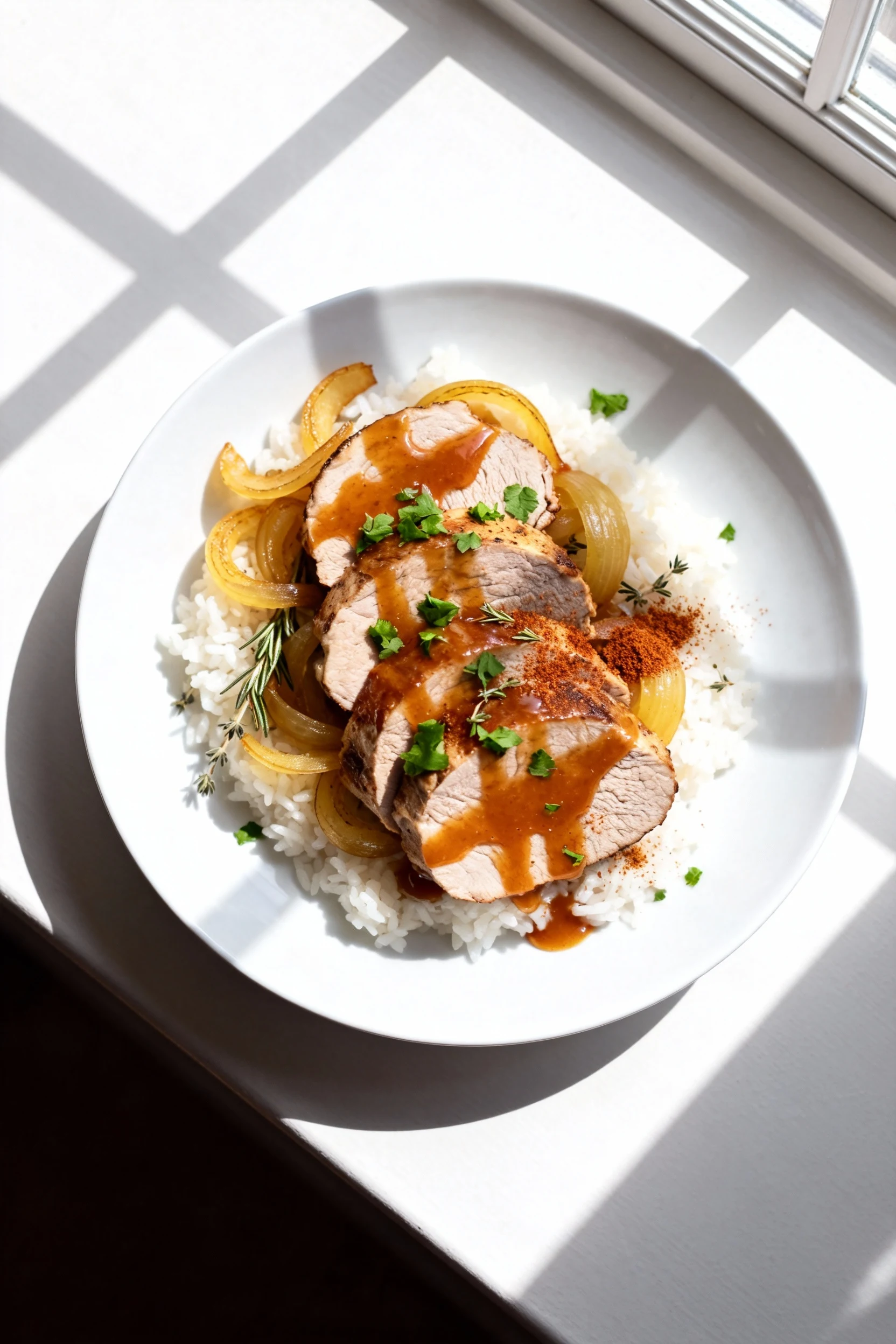Overhead shot of sliced crockpot pork tenderloin over rice, amber glaze drizzled, golden onions, flecks of thyme/rosemar