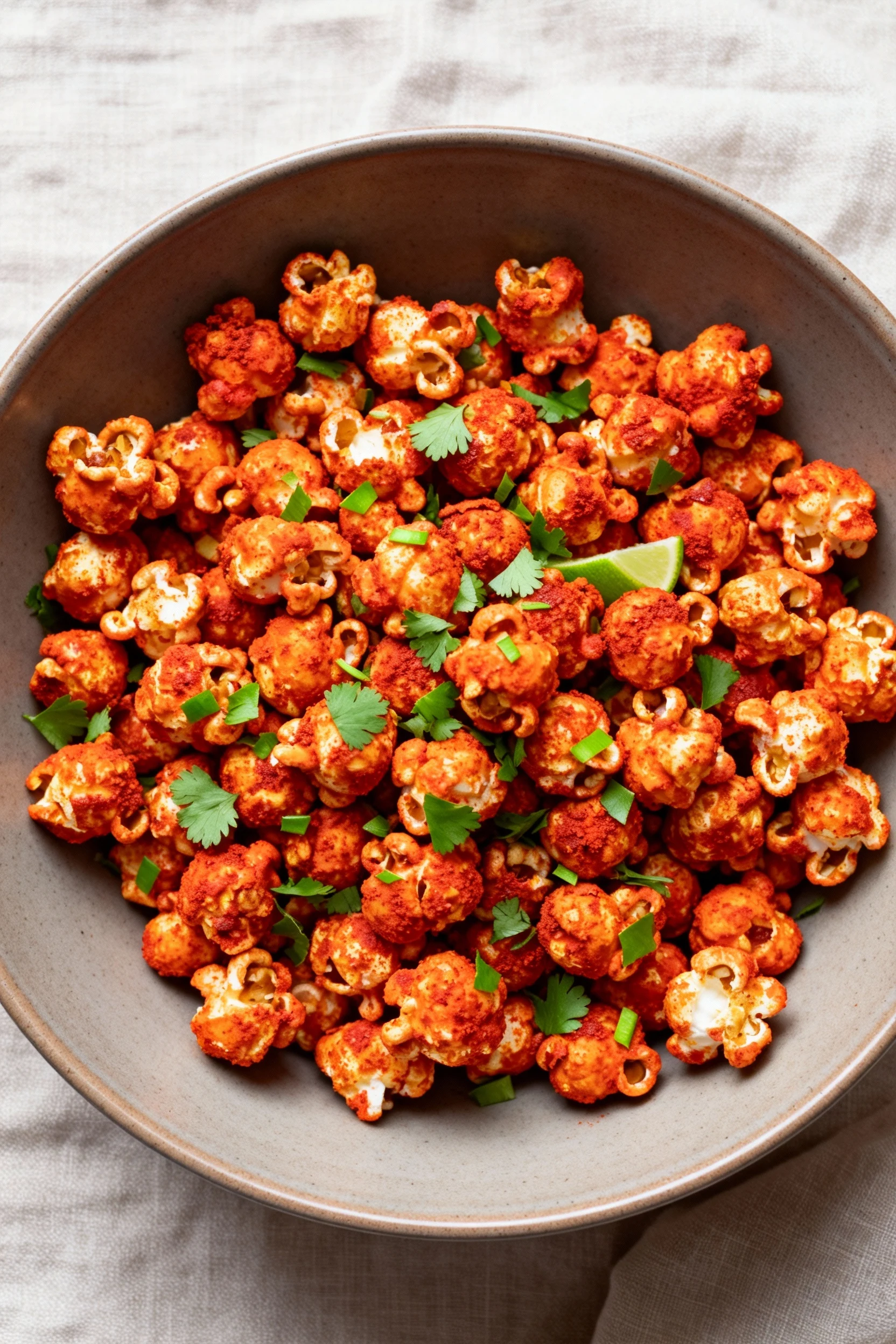 Overhead shot of Tandoori Masala Popcorn: crimson-orange seasoning on each kernel, flecks of lime zest and chopped cilan