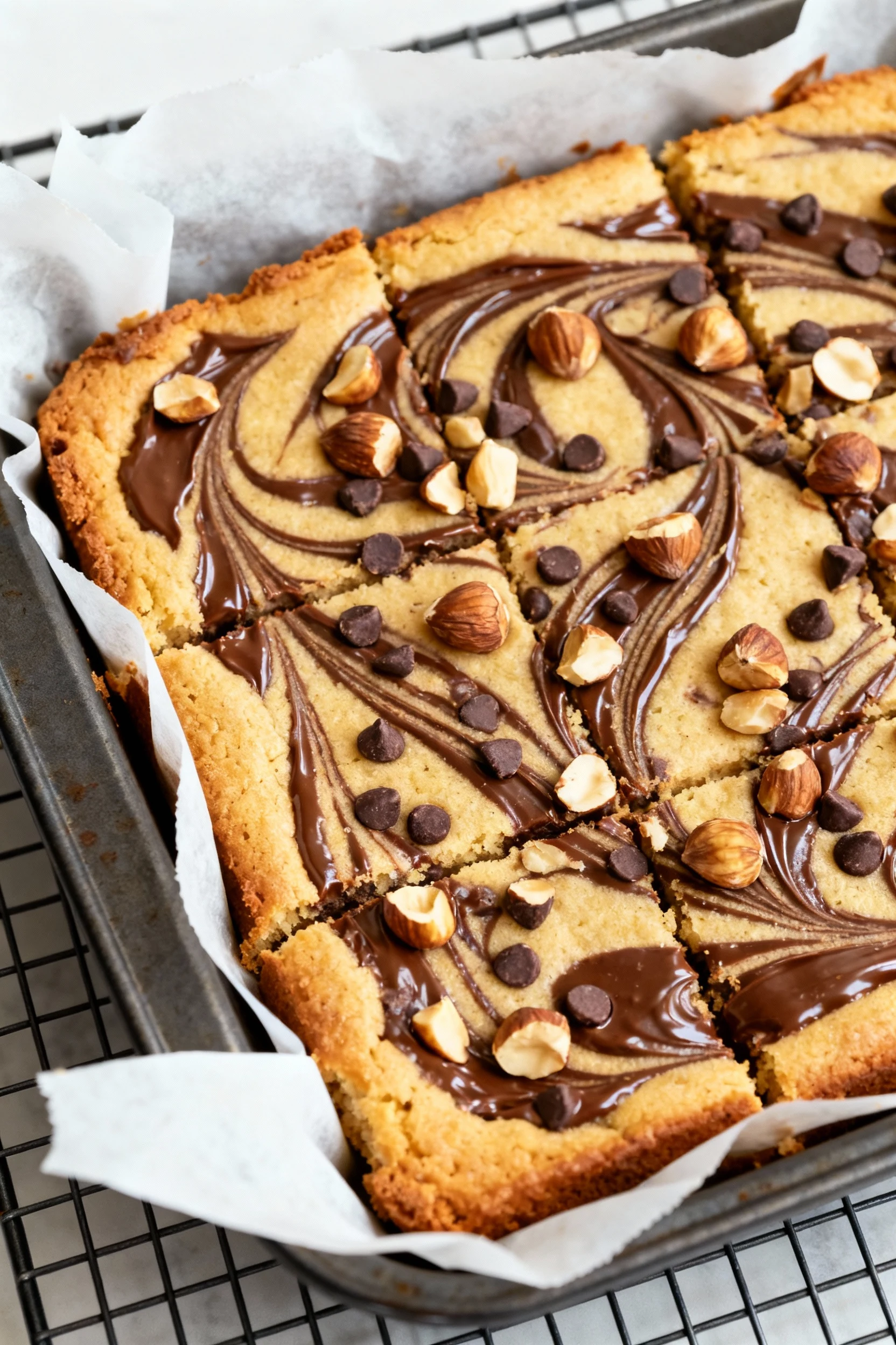 Tasty top view: freshly baked Nutella swirl blondies in the pan, golden-brown edges, glossy hazelnut-chocolate ribbons, 