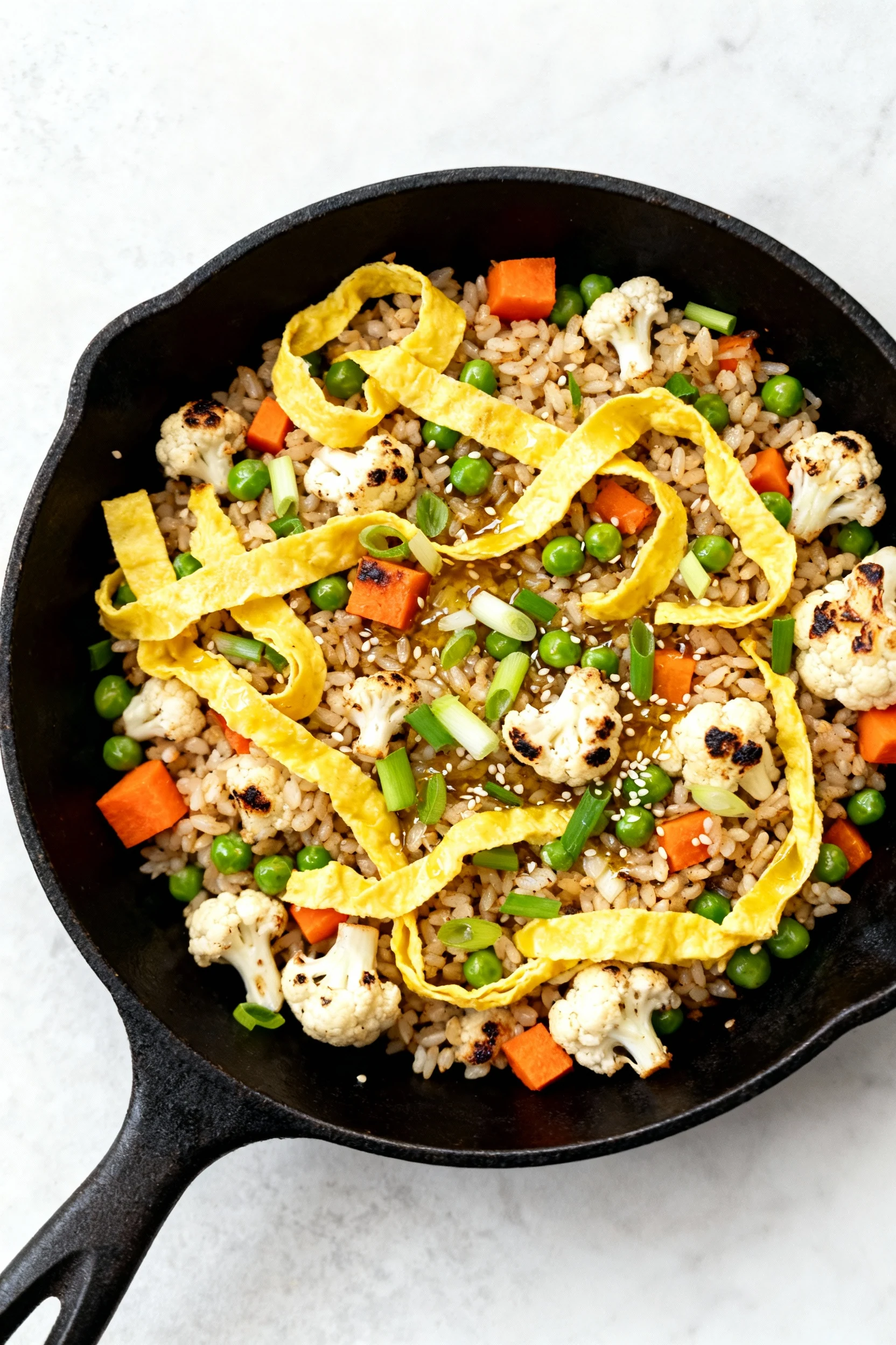 2. Overhead shot of takeout-style fried cauliflower rice in a black skillet: scrambled egg ribbons, peas and diced carro