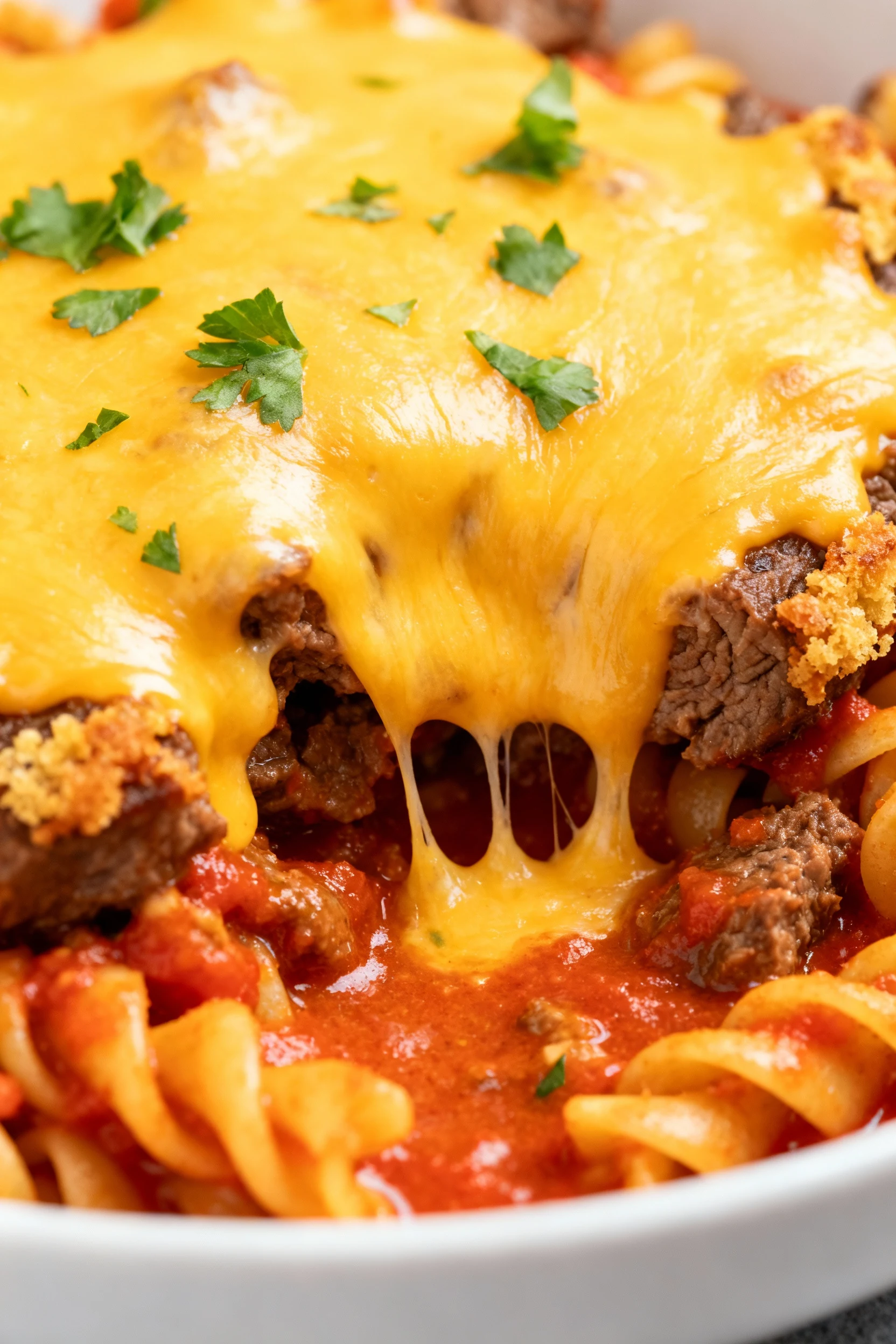 Close-up detail: Molten cheddar blanket over saucy beef and rotini—gooey cheese pull, flecks of parsley, golden-crisp be