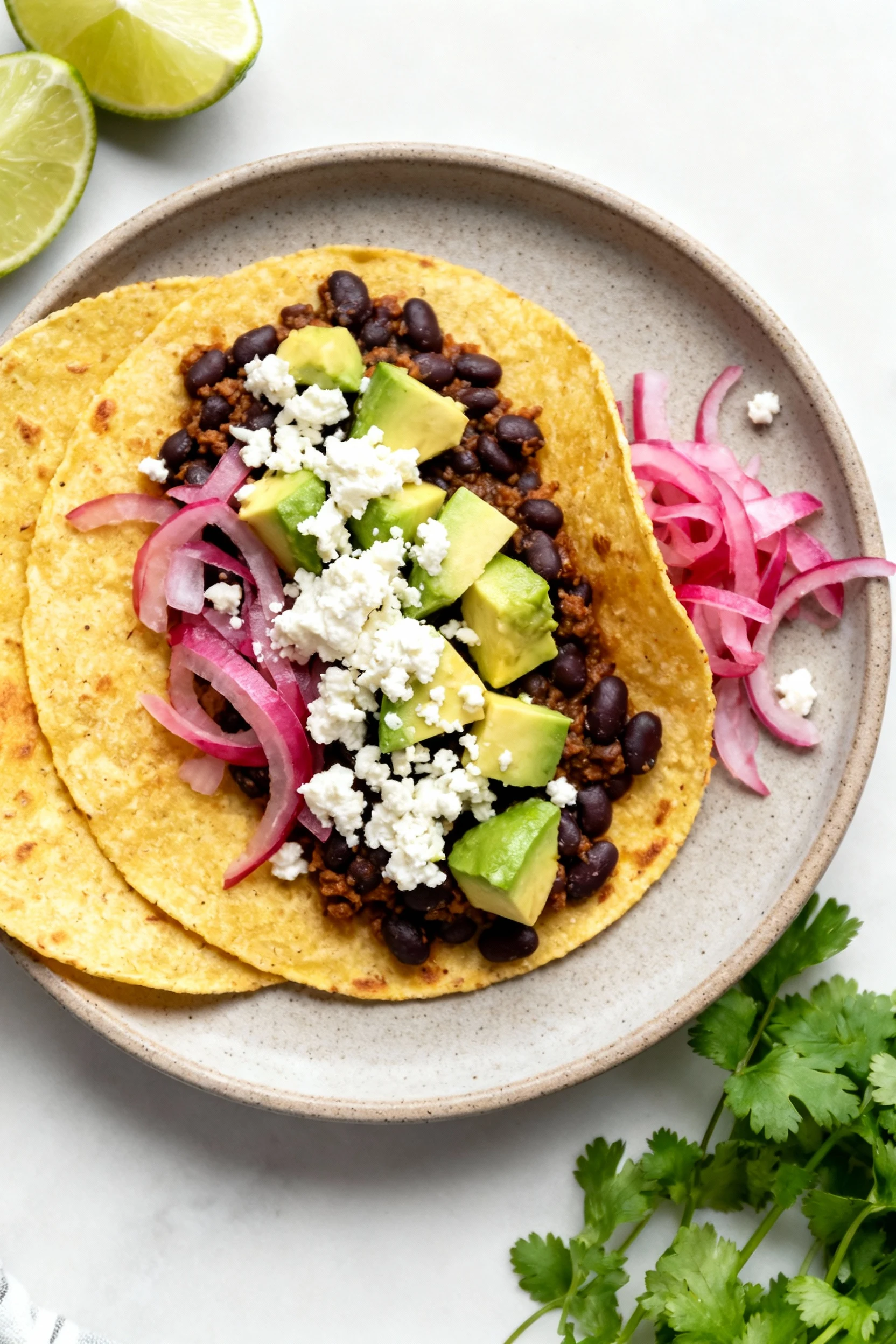 Overhead shot of final smoky lime black bean tacos on warm corn tortillas, topped with diced avocado, crumbly queso fres