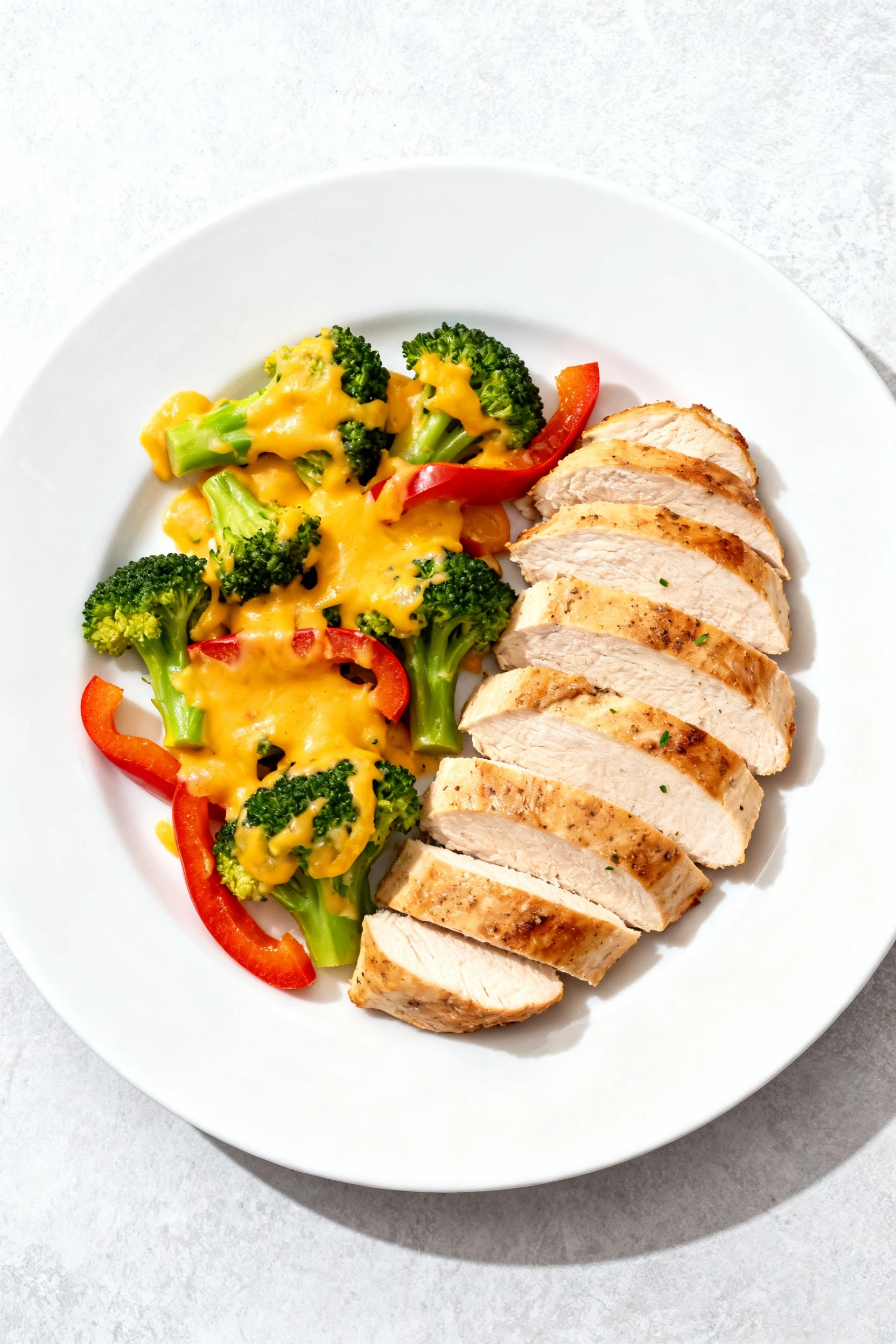 Overhead shot of final plated high-protein low-carb chicken dish, sliced chicken arranged alongside cheddar-melted brocc