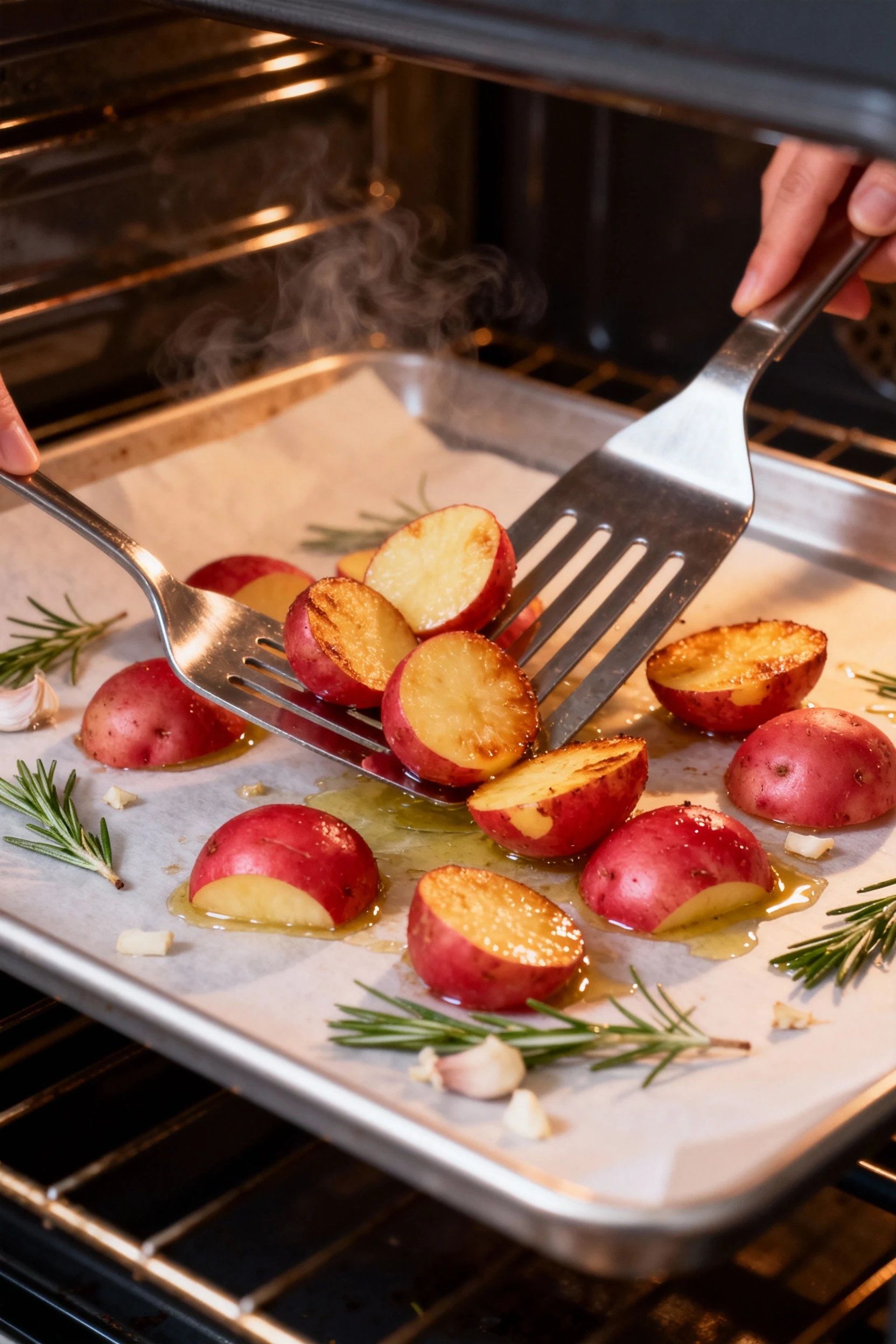 Cooking process: parchment-lined rimmed sheet pan in a 400°F oven, red potato quarters being turned halfway with a metal