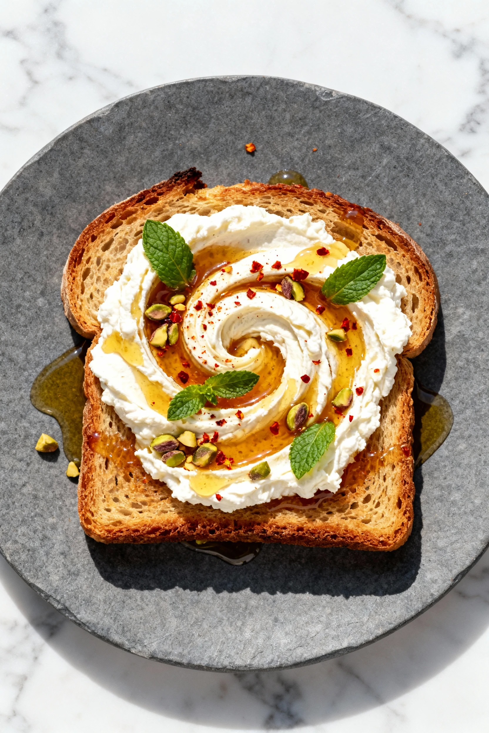 Overhead shot of honey-chili whipped ricotta toast: deeply golden sourdough swirled with airy ricotta, drizzled hot hone