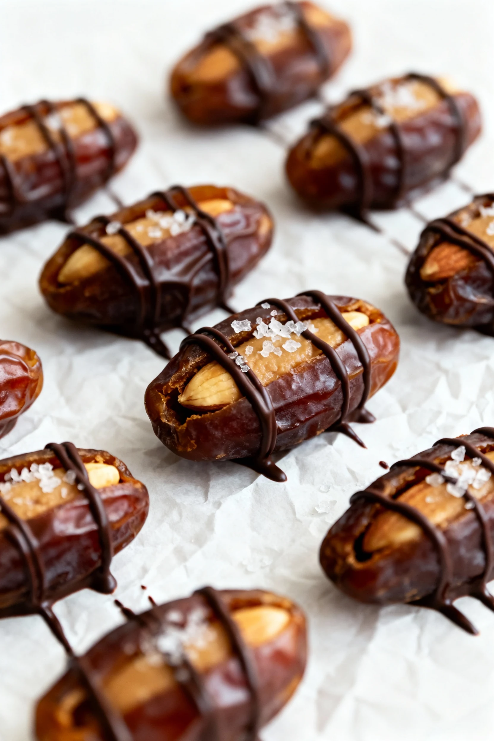 Almond butter–stuffed Medjool dates on parchment as melted 70–85% dark chocolate is drizzled in thin ribbons over the to