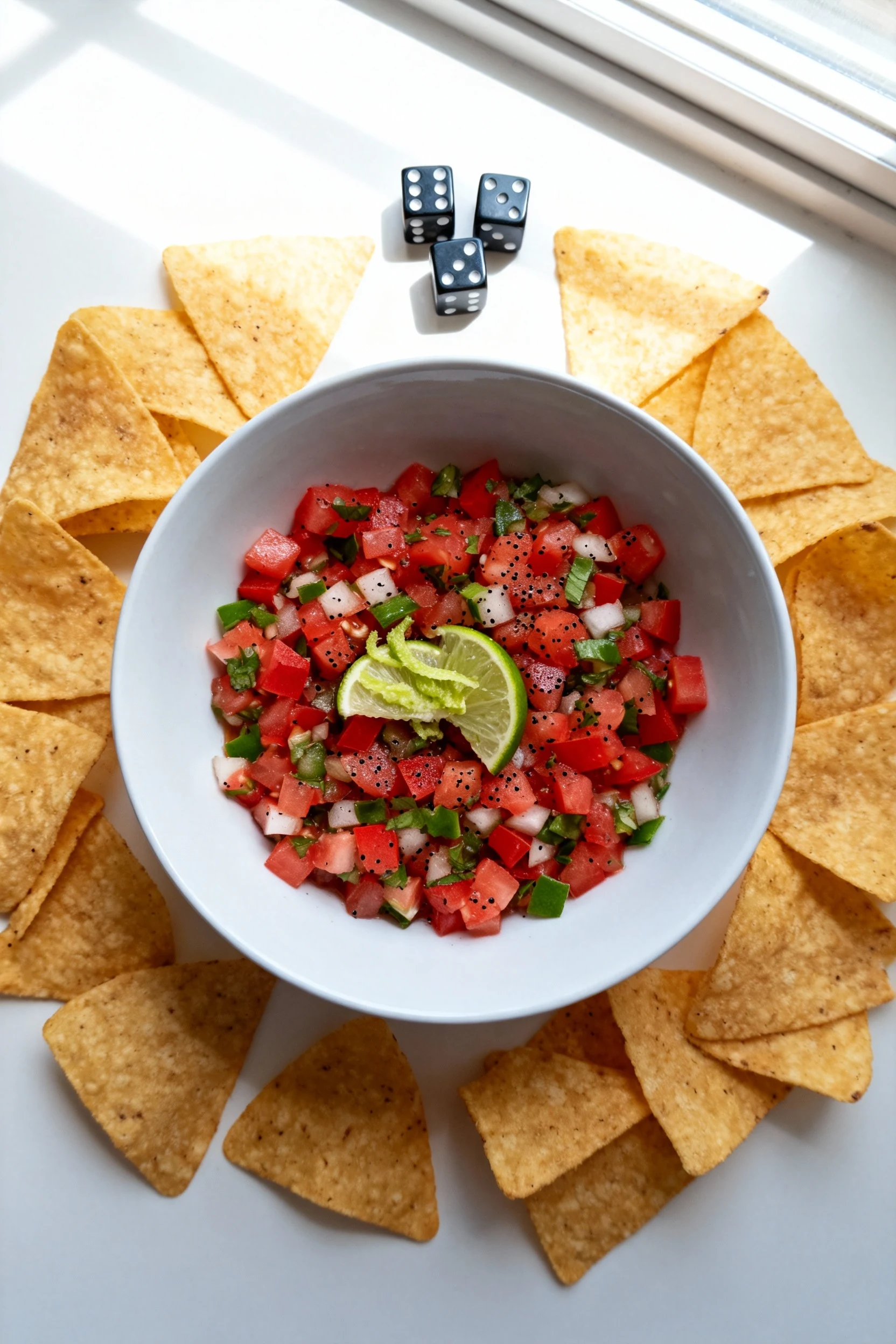 2. Overhead shot of a wide, low bowl of pico de gallo with lime zest and black pepper flecks, framed by tortilla chips; 