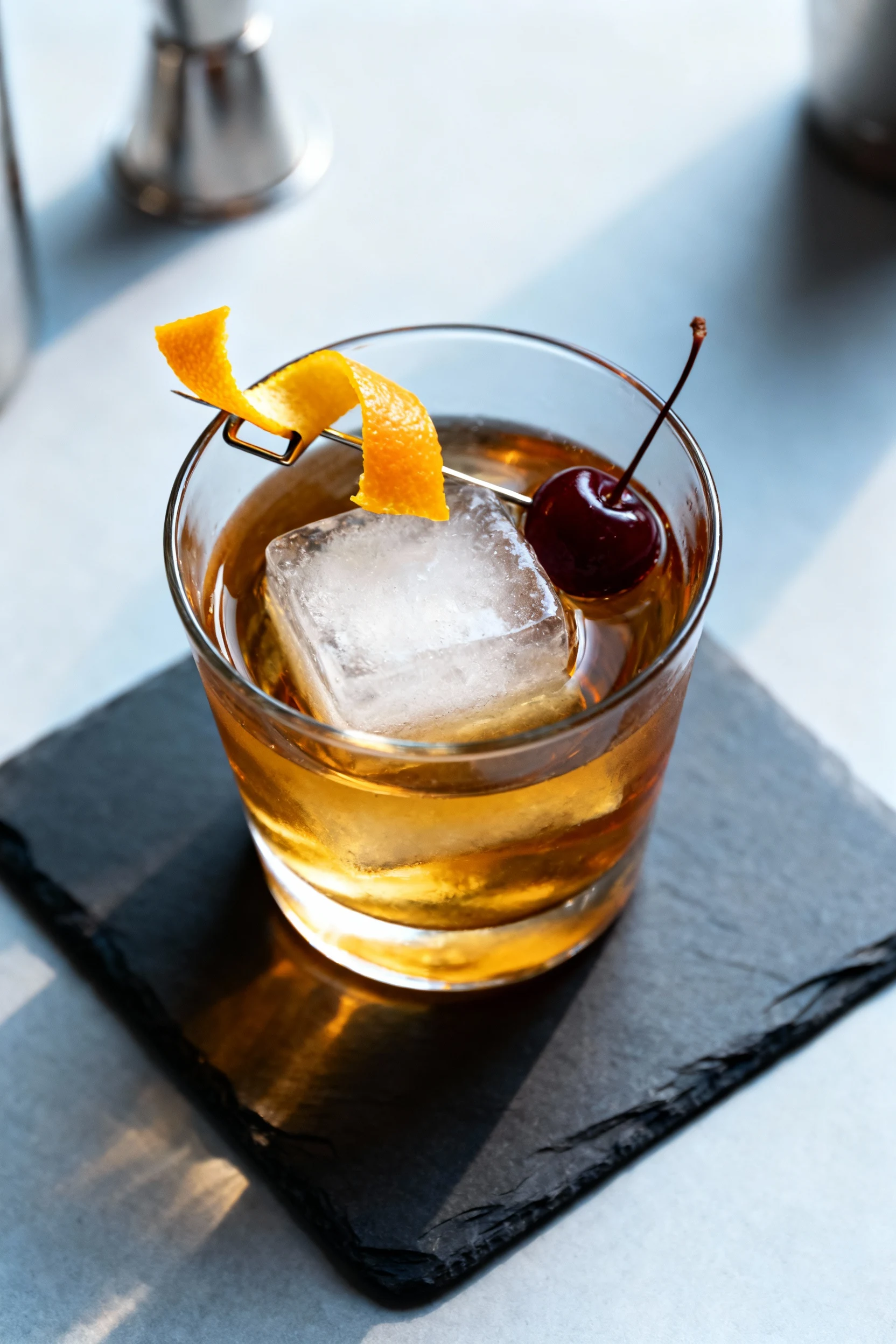 Overhead top view: Perfectly stirred Old Fashioned on a slate coaster—big clear cube centered, thin bright orange peel c