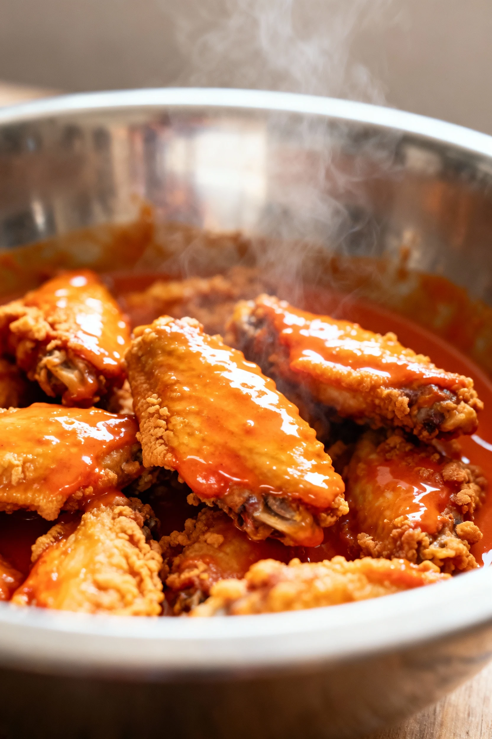 2. Close-up of crispy wings being tossed in warm buffalo base sauce in a stainless bowl, glossy orange-red butter sheen 