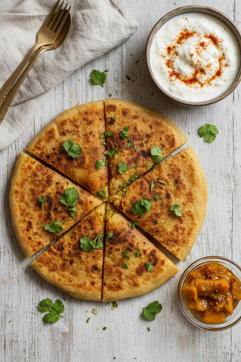 Overhead shot of aloo paratha cooked to deep golden-brown, cut into wedges and sprinkled with cilantro, served with a sm