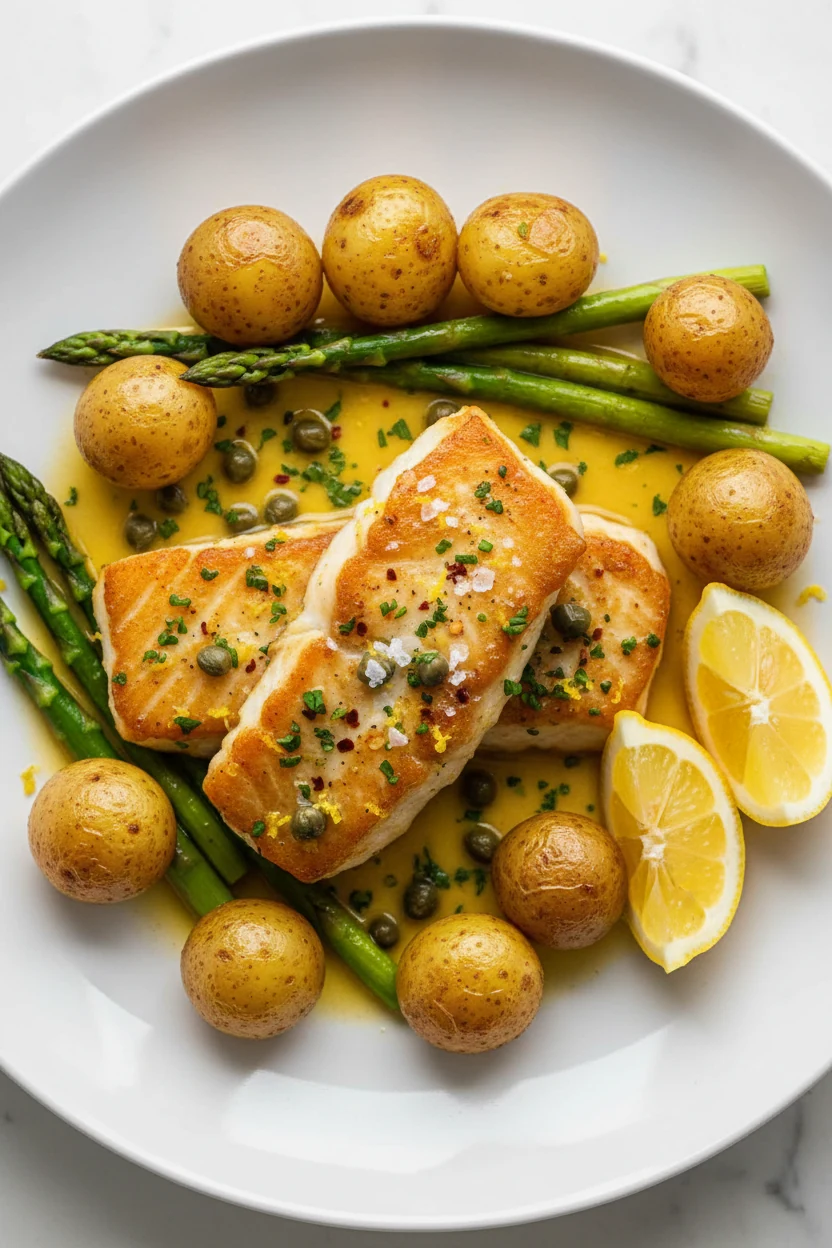 2. Overhead shot of the final plated lemon-herb halibut: glossy pan sauce pooled around the fillets, flecks of zest and 