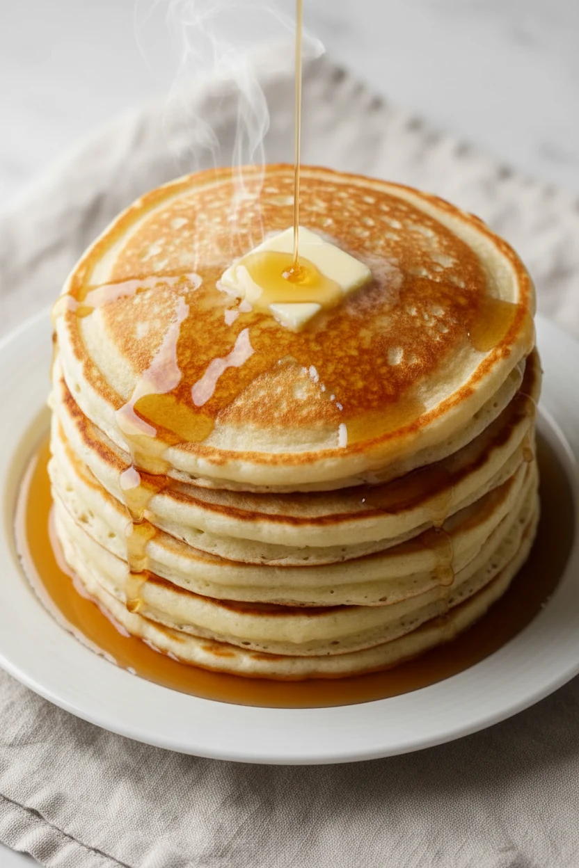 Overhead shot of a tall stack of ultra-fluffy buttermilk pancakes on a white plate: softened butter melting and warm map