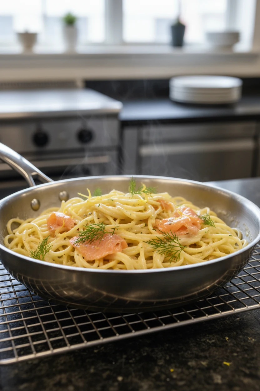 Cooking process shot: creamy lemon–dill pasta in a skillet off heat—glossy cream–Parmesan sauce clinging to al dente spa