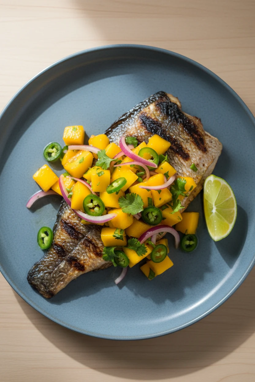 Overhead shot of grilled fish topped with spicy mango salsa—juicy mango cubes, red onion, jalapeño, cilantro, and a lime