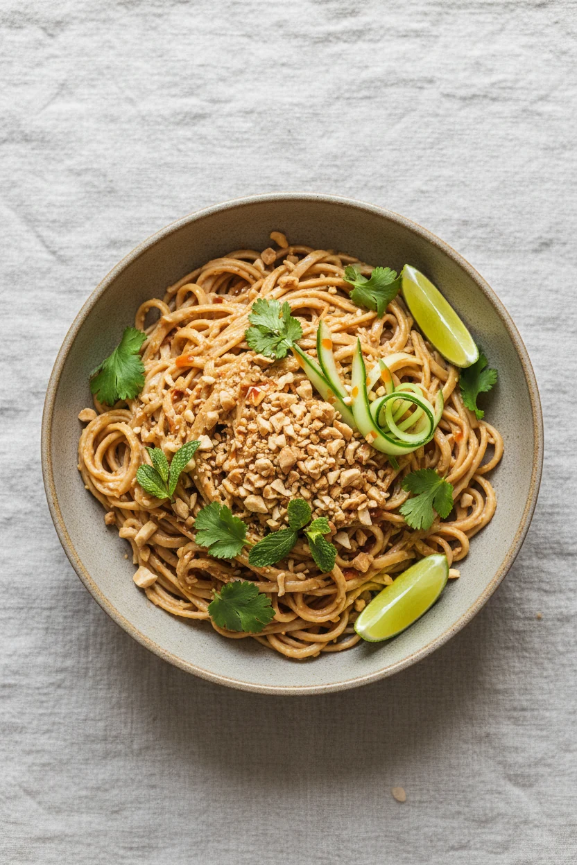 2. Tasty top view: overhead shot of Peanut-Lime Satay rice noodles—medium-width noodles coated in creamy peanut-lime sau