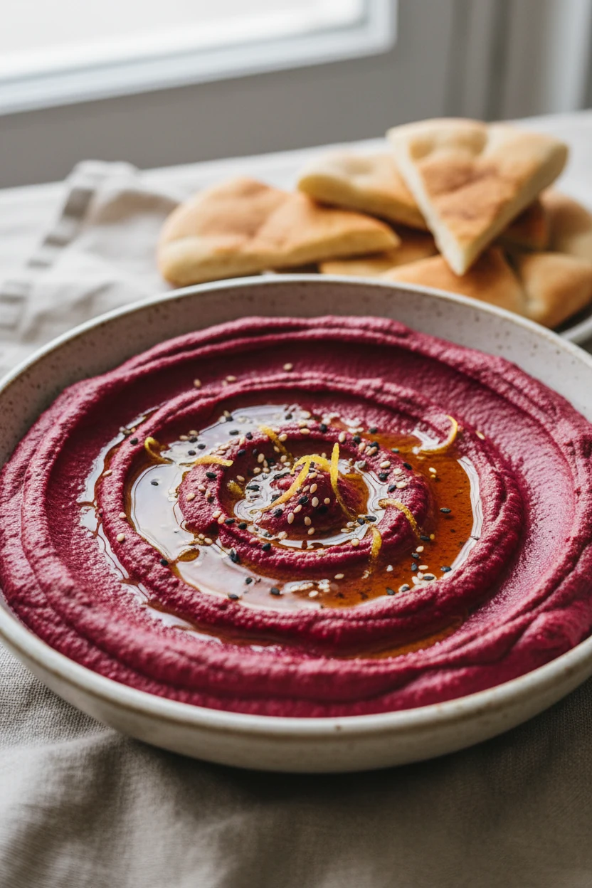 Close-up of creamy beet hummus swirled in a shallow bowl, ultra-smooth with extra-virgin olive oil drizzle, sesame seeds